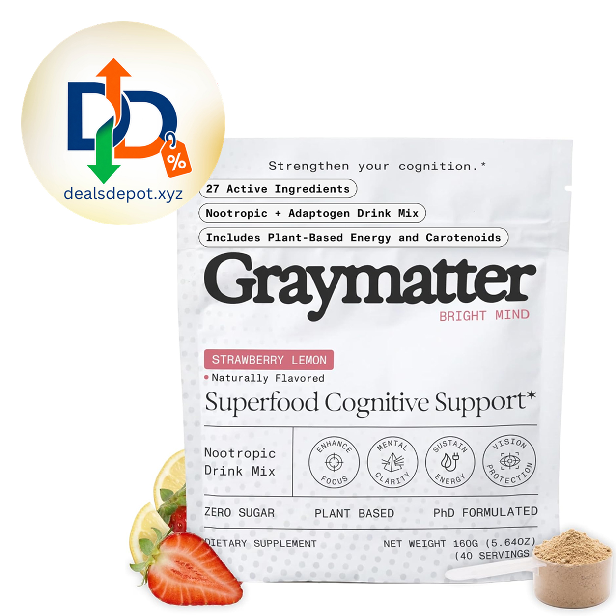 Graymatter Cognitive Support Powder, Strawberry Lemon, 40 Servings Bright Mind brain health formula in convenient powder form for daily mental clarity and cognitive wellness