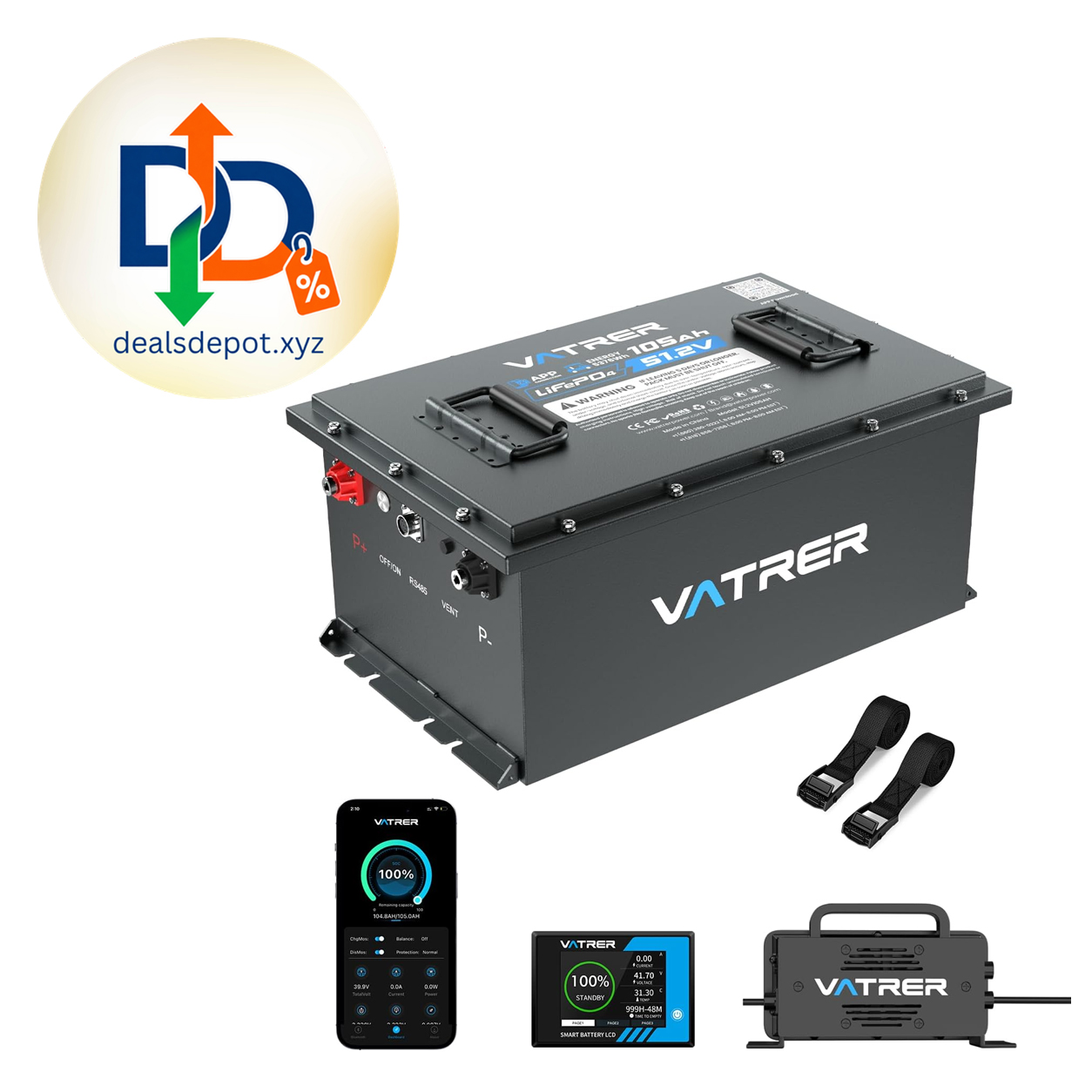 VATRER POWER 48V 105Ah Lithium Golf Cart Battery, UL2271 Listed Built-in 200A Smart BMS, Touch Monitor & APP, 4000+ Cycles, Max 10.24kW Output Lithium Replacement Battery for Golf Carts