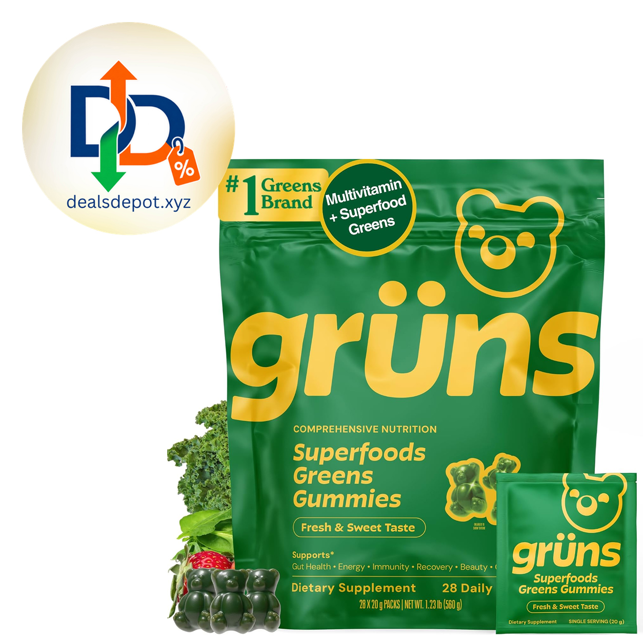 Gruns Adult Greens Gummies & Daily Multivitamin, Prebiotic Fiber, 28 ct Adaptogens, Superfoods, 20+ Vitamins & Minerals, Digestion, Daily Support
