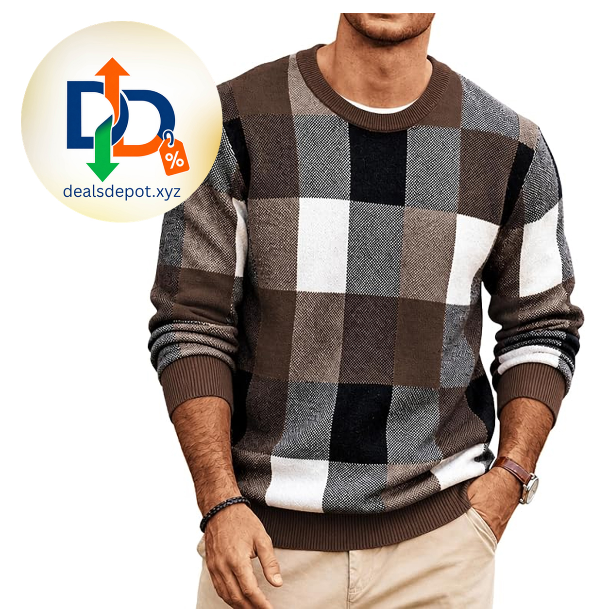COOFANDY Men's Plaid Crew Neck Sweater Long Sleeve Knit Pullover Color Block Retro Casual Top, Soft Stretchy Knitted Fall Clothes