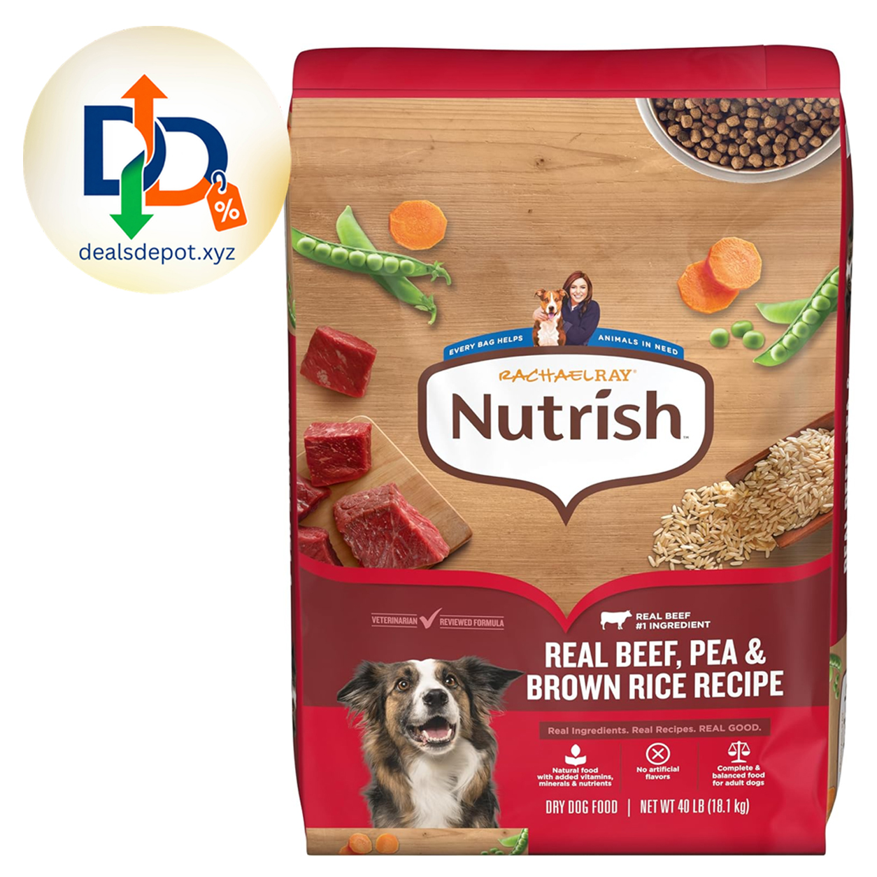 Nutrish Dry Dog Food, Beef, Pea & Brown Rice, 40 lb. Bag (Rachael Ray) Complete & Balanced Nutrition for Adult Dogs, No Artificial Flavors, Veterinarian Reviewed Formula