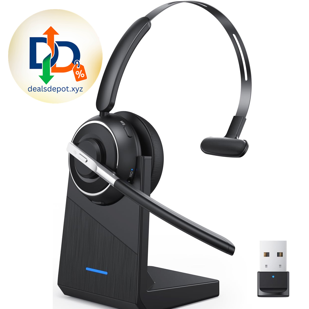 Wireless Headset with Mic for Work Bluetooth Headset with Microphone for PC Noise Cancelling Mic USB Dongle Charging Base Mute Button for Computer Office Call Center Phone Remote Work from Home Trucker