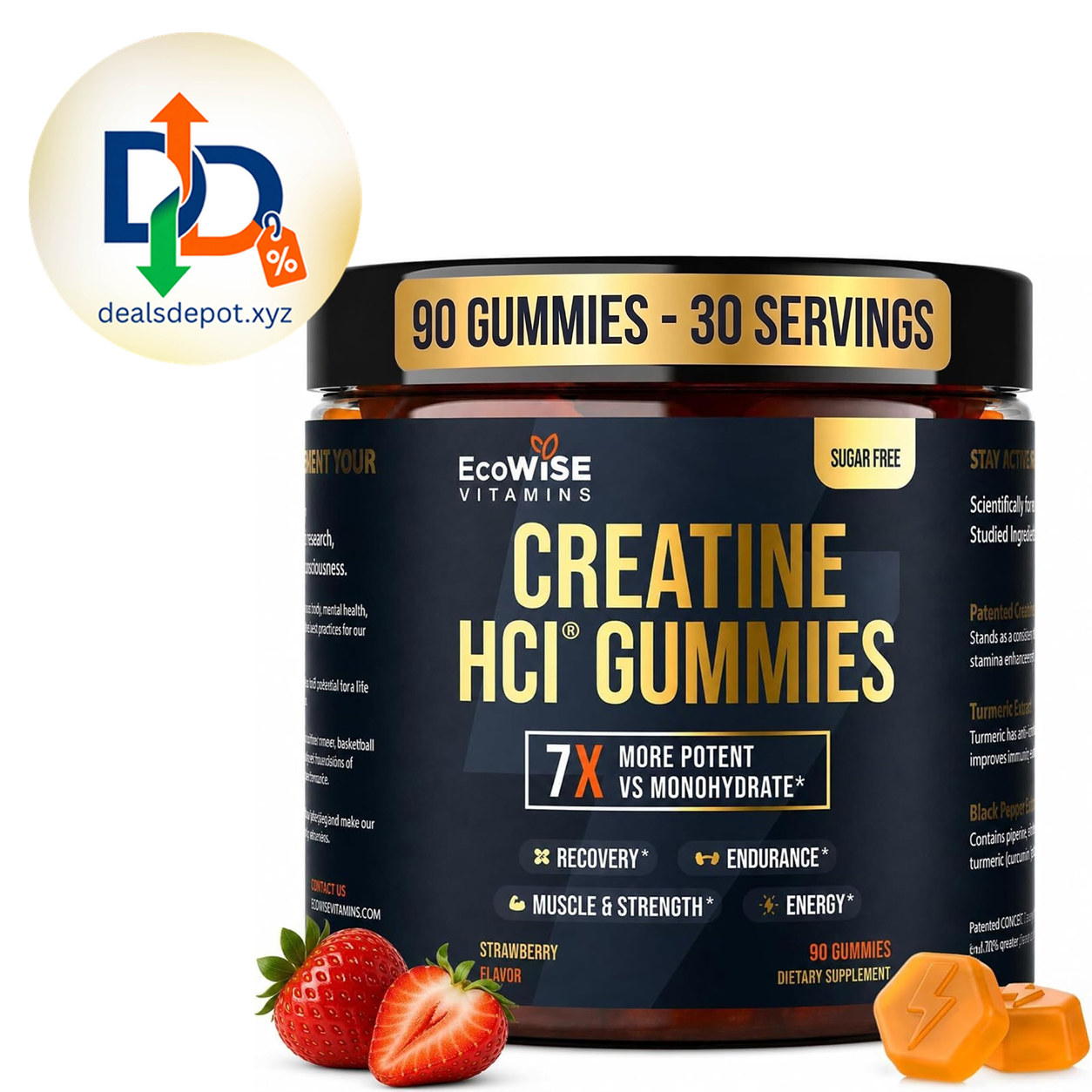 Creatine HCl Gummies with Turmeric & Black Pepper Extract, Sugar Free, Vegan Daily Creatine Gummies for Active Lifestyles, Strawberry Flavor, 90 Gummies