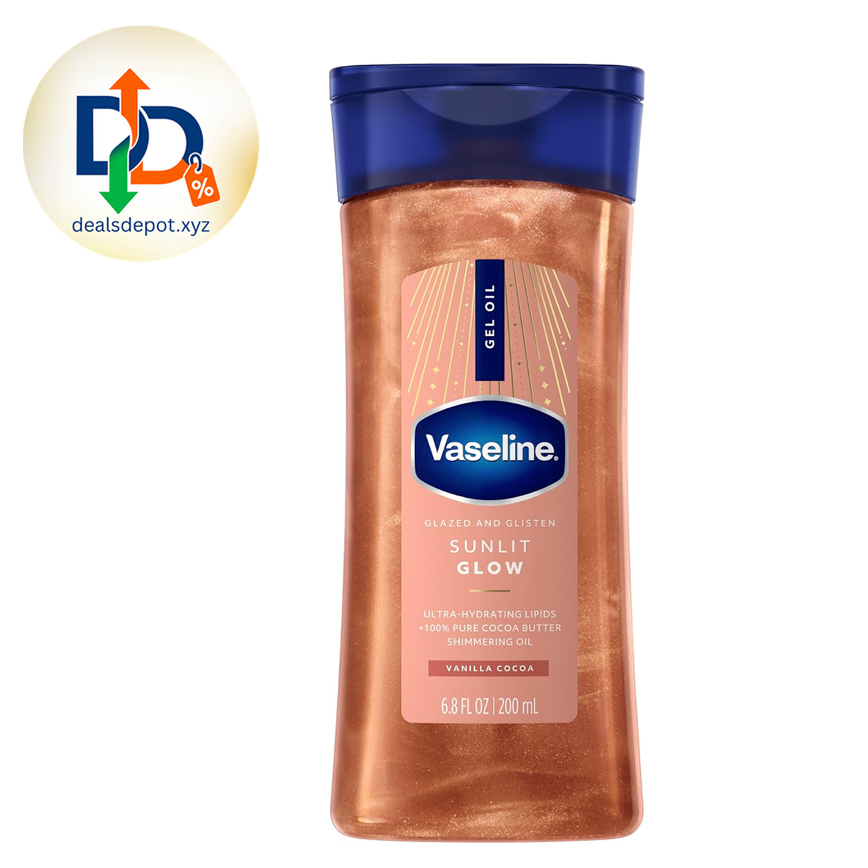 Vaseline Glazed and Glisten Sunlit Glow Body Gel Oil Shimmering 6.8oz 1ct For glowing skin with peachy shimmer, moisturizes with 100% Pure Cocoa Butter, non-greasy feel & Vanilla cocoa scent