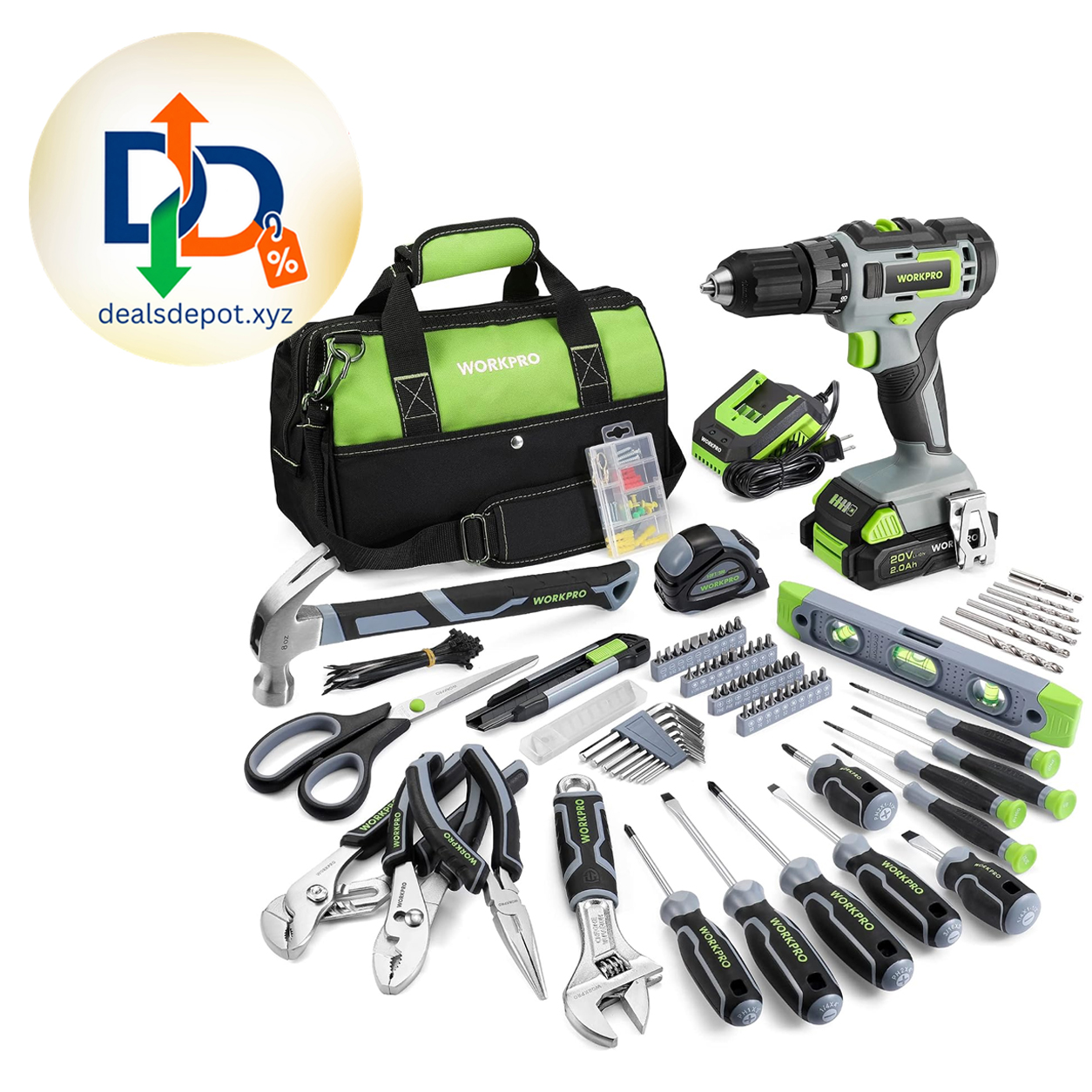 WORKPRO Home Tool Set with 20V Cordless Drill, Household Repairing Tool Kit Green Home tool kit with Power drill Set, DIY Electric Screwdriver Set, Home Repair & Gifts, 14" Storage Tool Bag, 157PCS