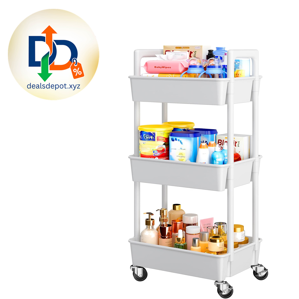 Pipishell 3-Tier Rolling Storage Cart with Handle & Wheels – White