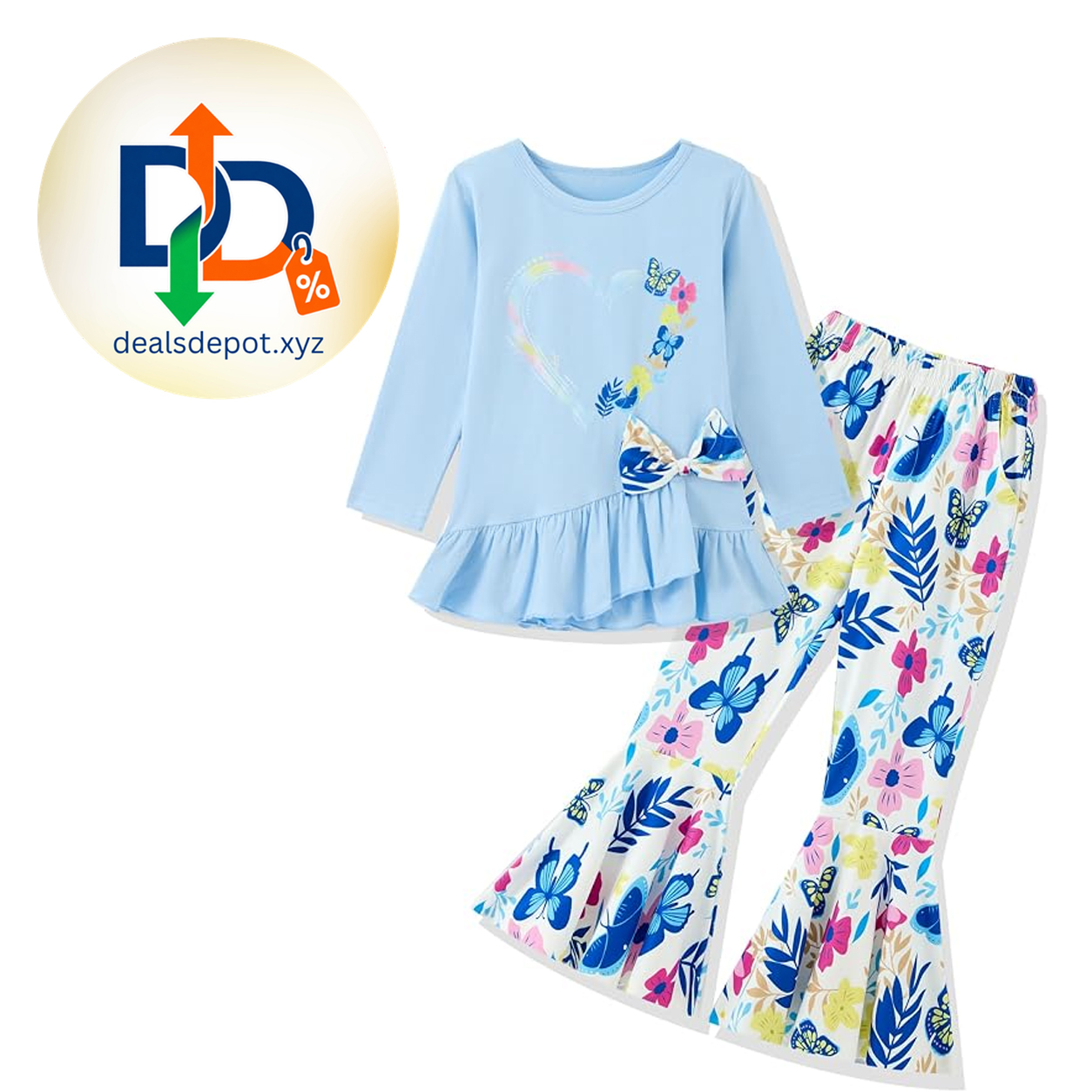 Little Girl Clothes 2-8Years, Long Sleeve Ruffle Top+Bow Flared Pants