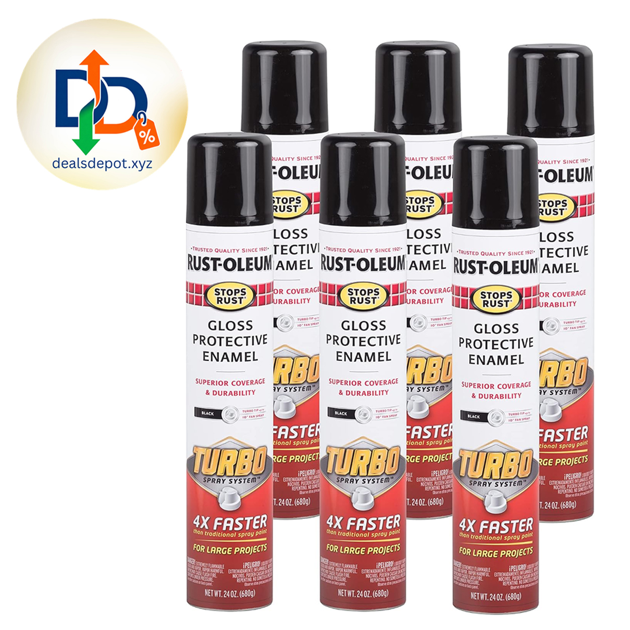 Rust-Oleum Stops Rust Turbo Spray System Spray Paint, Gloss Black Faster Projection Completion, Rust Preventive, Professional Results, Protective Enamel for Indoor and Outdoor Use, 6 Pack