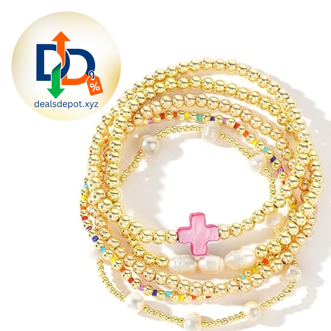 14K Gold Plated Pearl Beaded Cross Bracelets Stack Set for Women,Stretch Boho Colorful Christian Beads Ball Jewelry Friendship Summer Trendy Gift