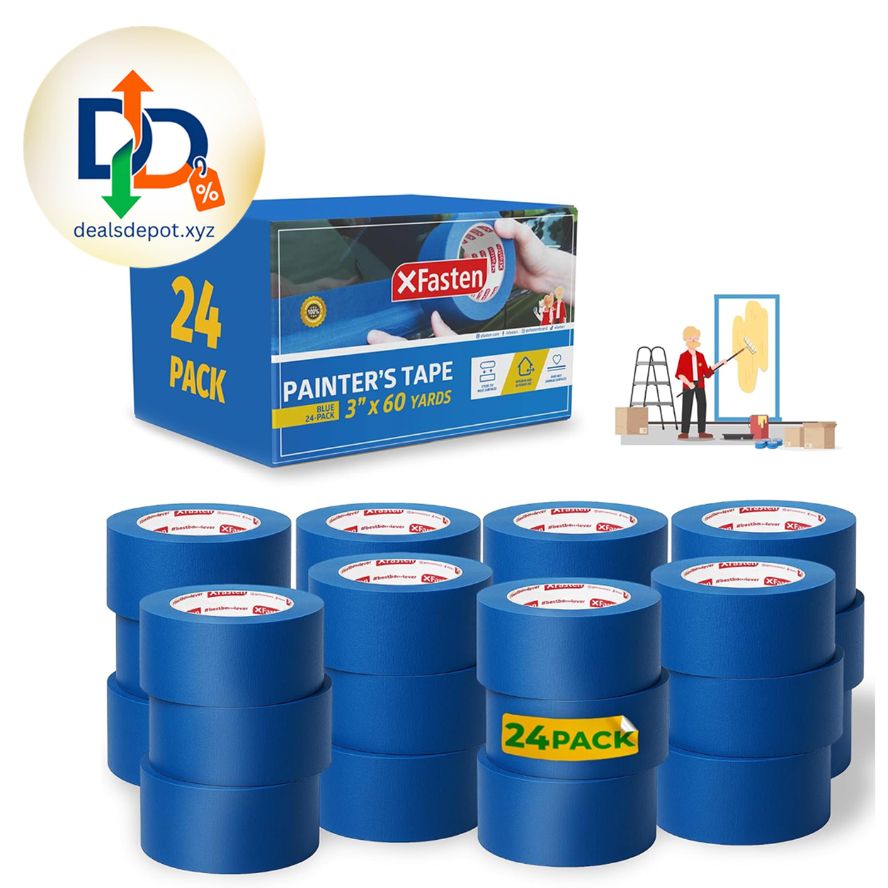 XFasten Blue Painters Tape 3 Inch Wide x 180 Feet Bulk (24-Pack, 4320ft Total) Wall Safe UV-Resistant Blue Masking Tape 3 Inch Wide for Indoor and Outdoor Walls, Painting, Wood, Automotive