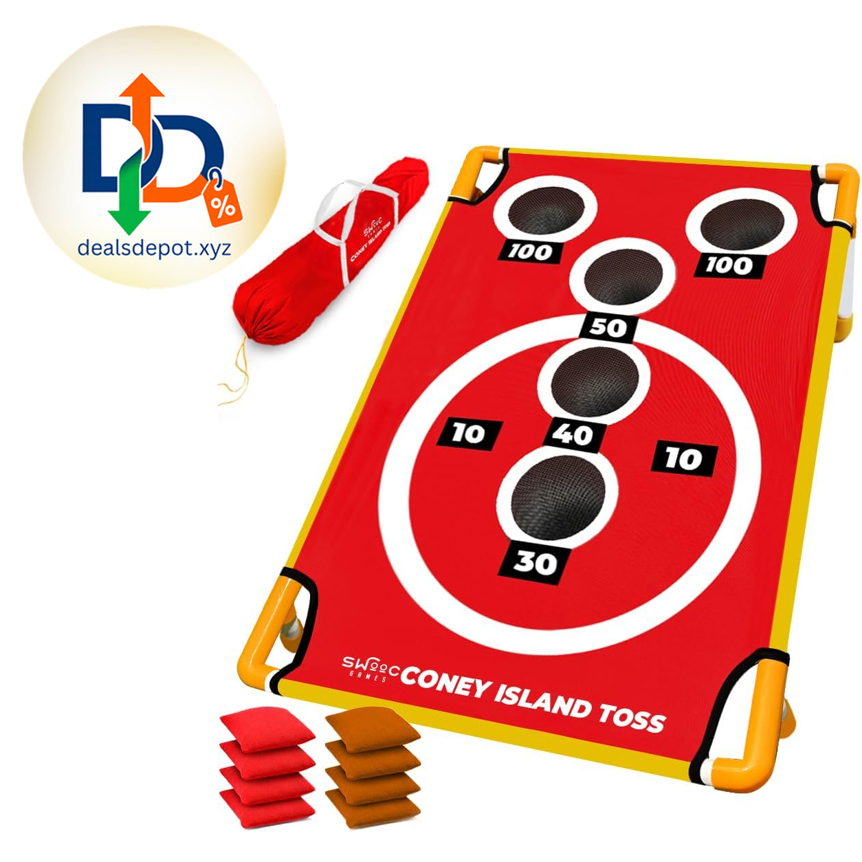 Swooc Games - Coney Island Toss™ - Arcade Style Cornhole Board Set w/Carrying Case & 15+ Games - Corn Hole Games for Adults - Kids Bean Bag Toss Game - Kids Cornhole Set w/Bags - Outdoor Yard Games