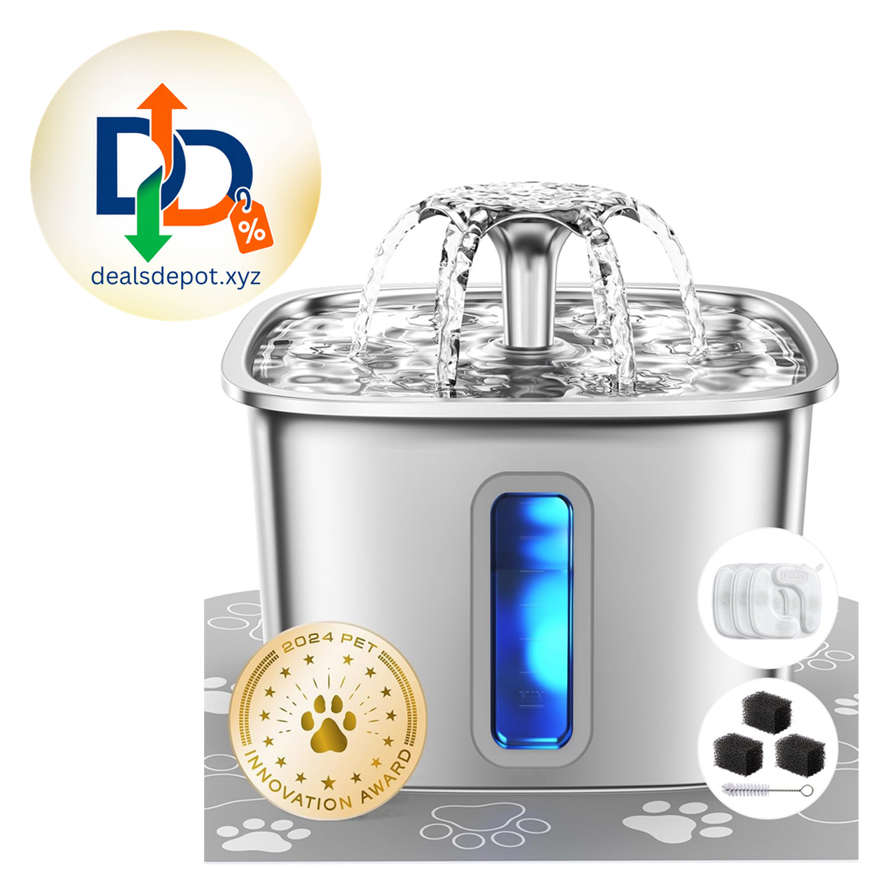 Veken Innovation Award Winner Stainless Steel Cat Water Fountain, 108oz, C1 Automatic Pet Fountain Dog Water Dispenser with 3 Replacement Filters & Silicone Mat, Gifts for Cats, Dogs (Silver)