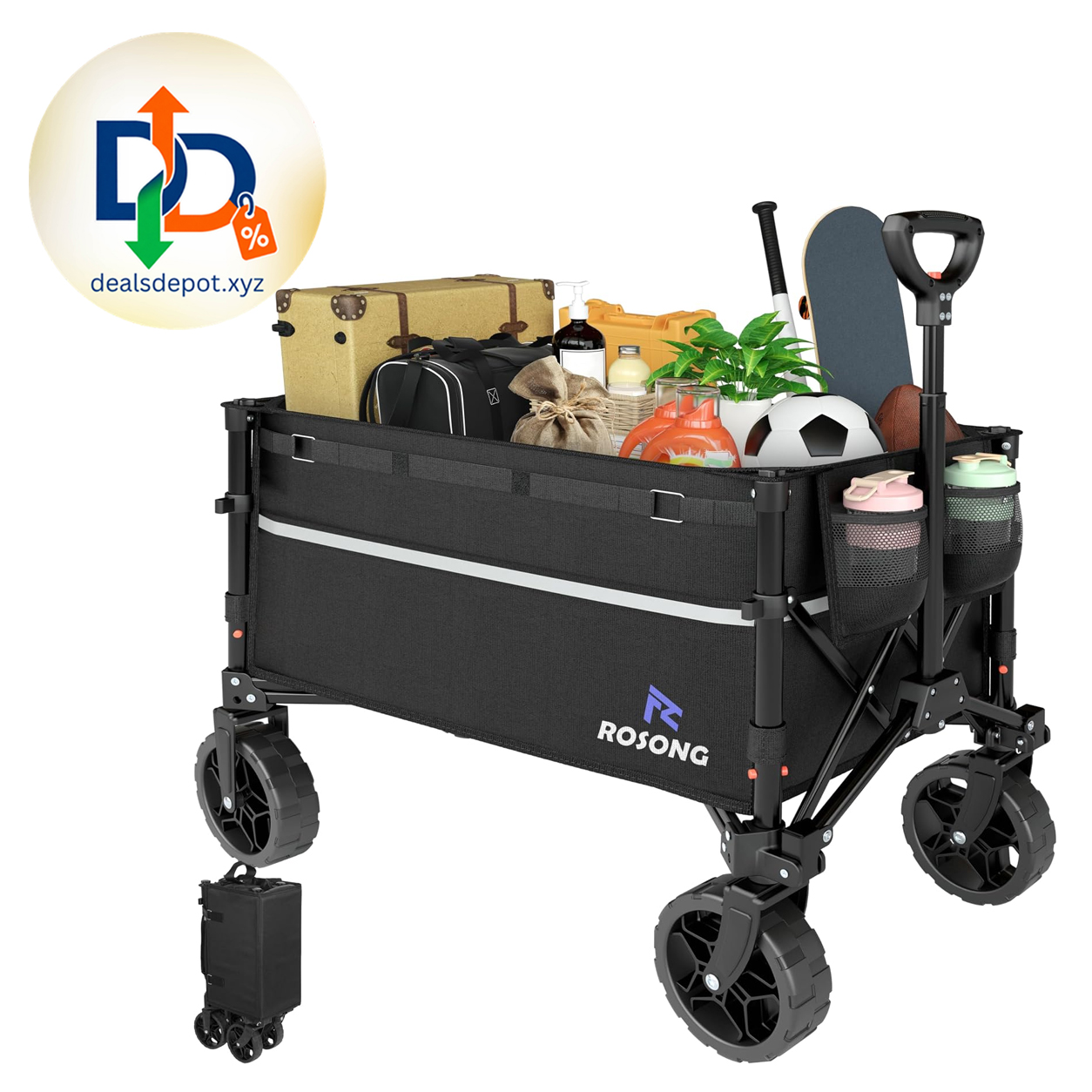 ROSONG Collapsible Wagon Cart with Wheels Foldable - Folding Utility Heavy Duty Wagons Carts for Grocery Sports Garden Shopping Camping Wheelbarrows (Black, 120L)