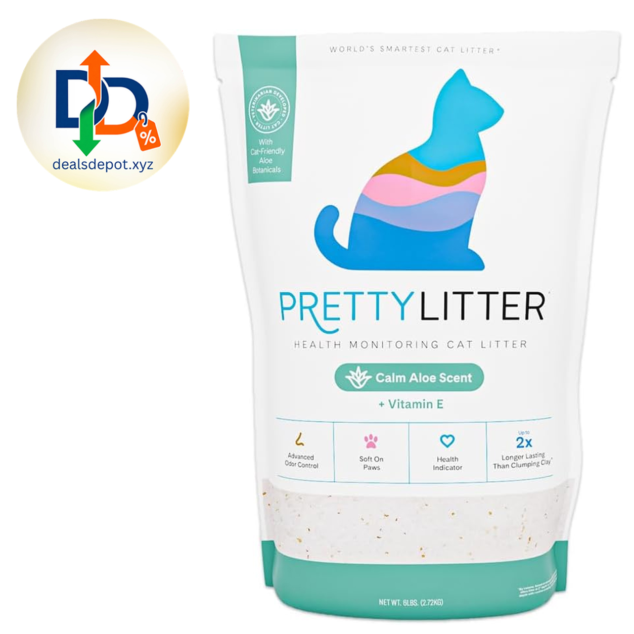 PrettyLitter Health Monitoring Cat Litter, Calm Aloe, 6 lb. Bag Up to 1 Month Supply, Non-Clumping, Advanced Odor Control, Automatic Litter Box Compatible, Color Changing Silica Crystals