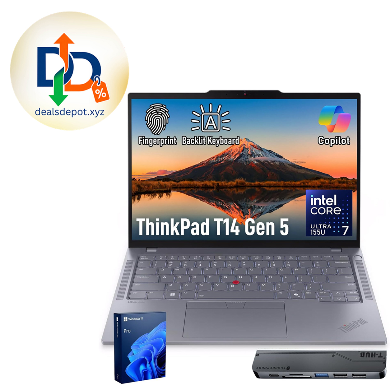 Lenovo ThinkPad T14 Business AI Laptop, 14" FHD+ IPS, Intel Core Ultra 7 155U, 32GB DDR5, 1TB SSD, 5MP Webcam, Fingerprint, Backlit, Wi-Fi 6E, Thunderbolt 4, Windows 11 Pro, 7-in-1 USB-C Hub Bundle