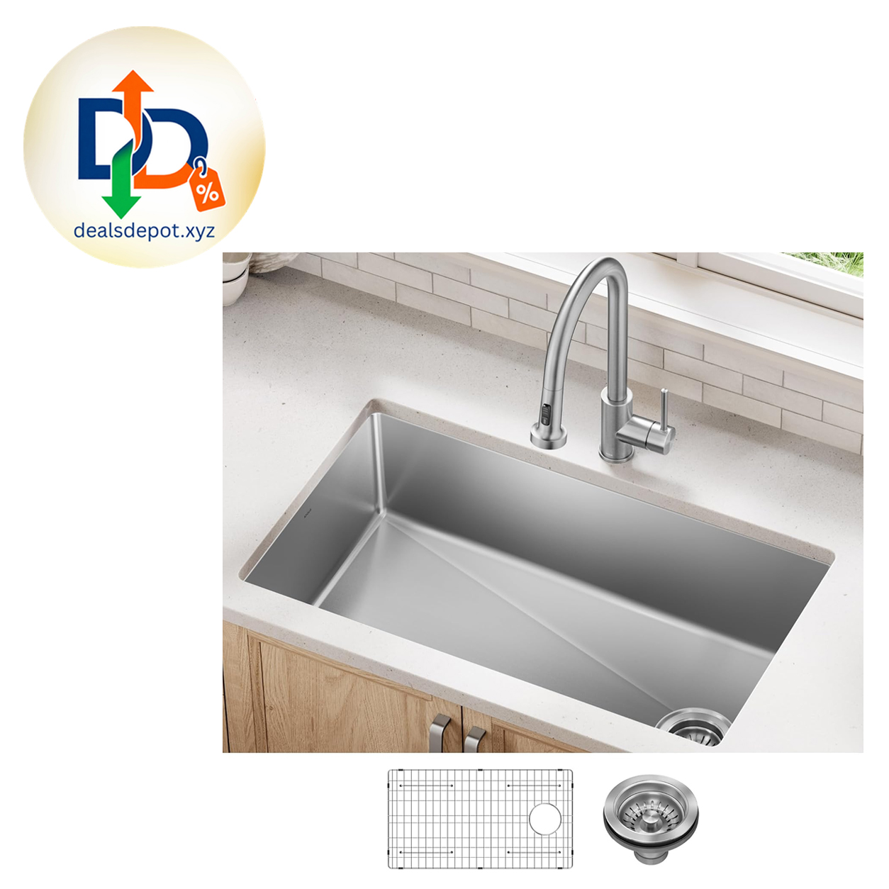 KRAUS Stainless Steel 33 in 18 Gauge Undermount Kitchen Sink KHU640-33 18-gauge stainless steel construction, rounded corners resist buildup, channel grooves for draining, NoiseDefend pads