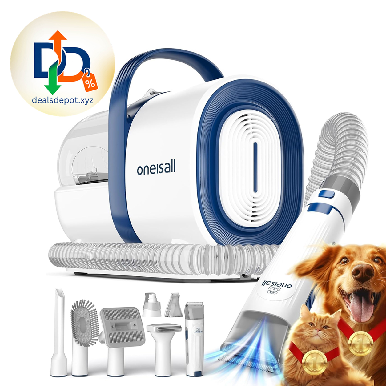 Oneisall Dog Grooming Vacuum,7 in 1 Grooming kit Tools with Low Noise 11kPa Strong Suction, 59dB Low Noise,Clipper & Nail Grinder Included, 7-in-1 Grooming Kit, Deshedding Brush, 1.5L Dust Cup