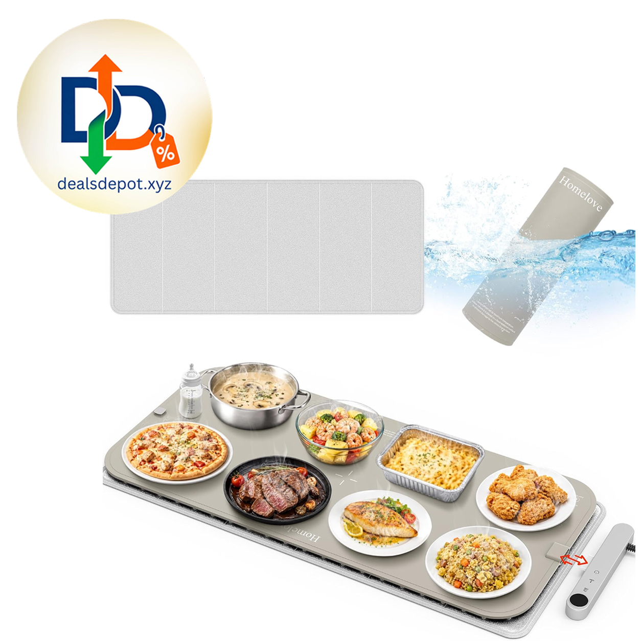 Homelove Warming Mat for Food - Electric Warming Tray with 7-Level Temp Settings & 6 Hours Timer, Full Surface Graphene Heating, Waterproof Dishwasher-Friendly Food Warmer for Parties, Kitchen (Khaki)