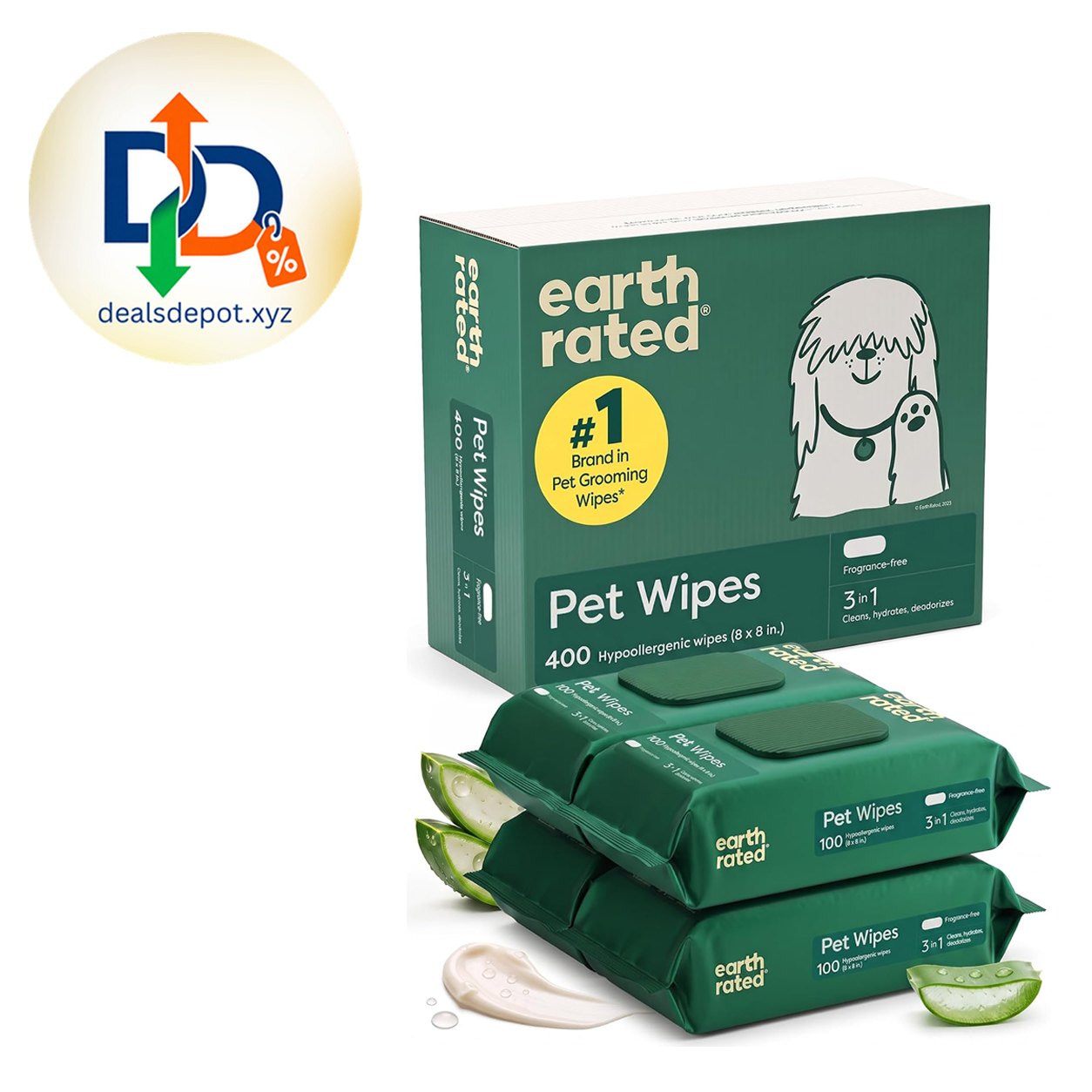 Earth Rated Dog Wipes for Paws & Butt, Deodorizing, Unscented, 400ct Hypoallergenic, 3-in-1 Cleaning and Hydrating, for Grooming Paws, Body and Butt