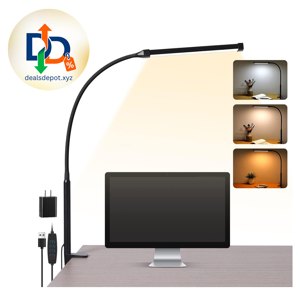 LED Desk Lamp with Clamp, Clip on Lights for Home Office, Black 3 Modes 10 Brightness, Long Flexible Goose-Neck, Eye-Caring, Memory Function, Energy Efficient, USB Adapter, Metal