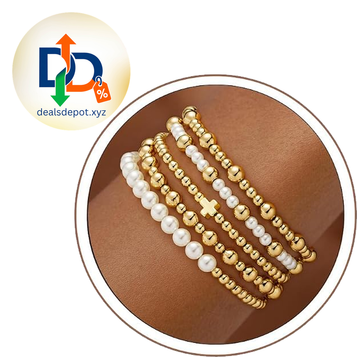 5PCS Gold Beaded Bracelets for Women Trendy, 14K Gold Plated Gold Beaded Bracelet Stack, Dainty Turquoise Cross Pearl Round Ball Bracelet Set, Women Birthday Gifts Jewelry