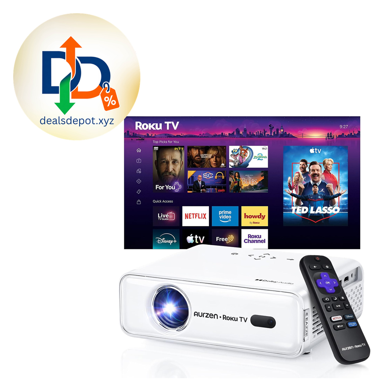 Aurzen Roku TV D1R Smart Portable Outdoor Projector with WiFi and Bluetooth Roku TV Built-in, All Top Apps, 1080P FHD, DoIby Audio, Auto Focus & Keystone, Zoom, Mini Projector for Home & Outdoor Movies