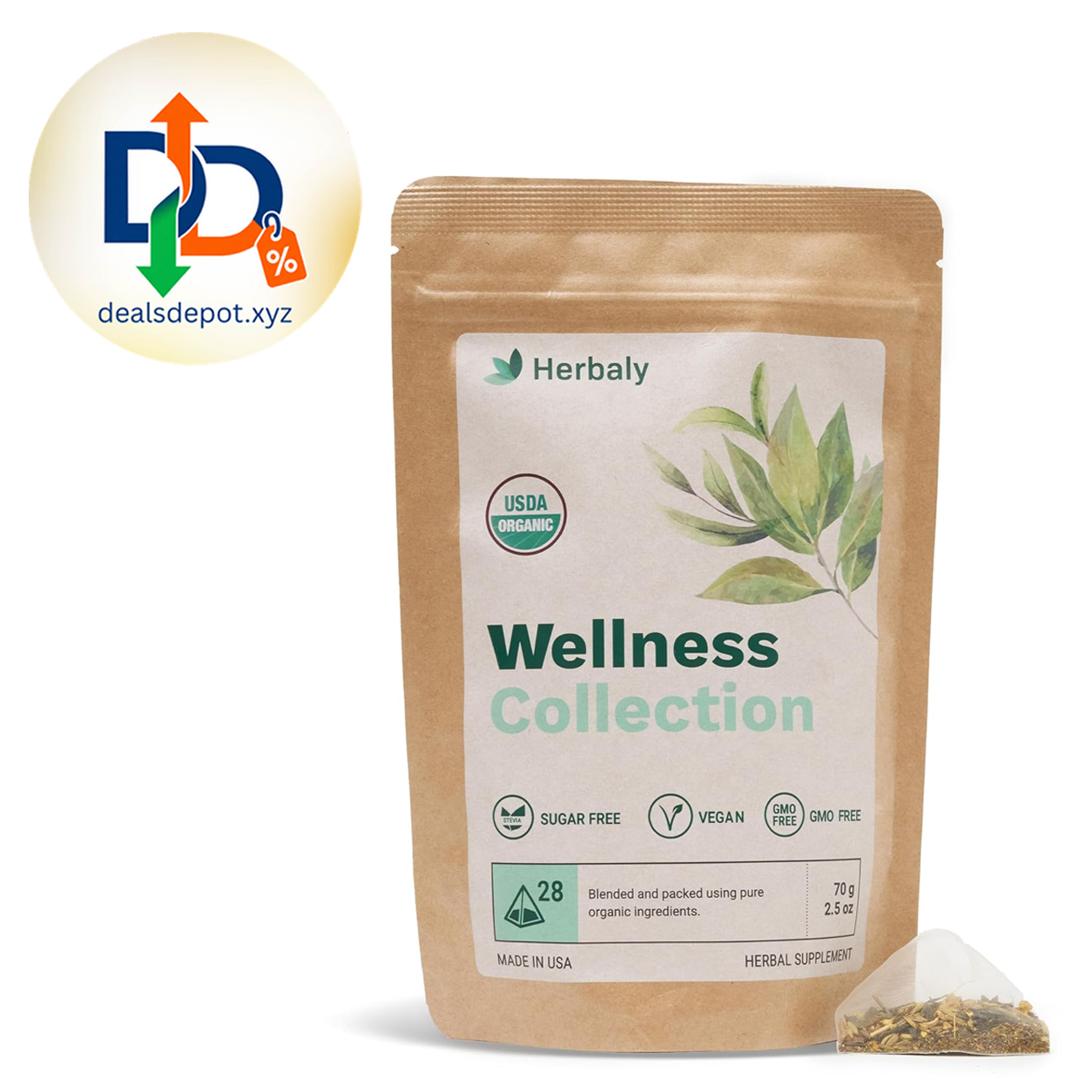 Herbaly Wellness Collection Organic Herbal Ginger Tea, 70 g, 28 Count Bag (Pack of 1)