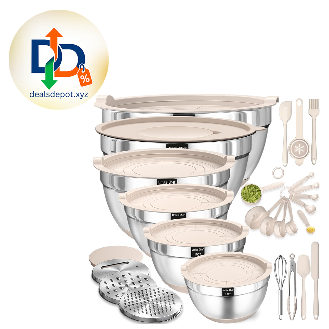 Mixing Bowls with Airtight Lids Set, 26PCS Stainless Steel Khaki Bowls with Grater Attachments, Non-Slip Bottoms & Kitchen Gadgets Set, Size 7, 4, 2.5, 2.0,1.5, 1QT, Great for Mixing & Serving