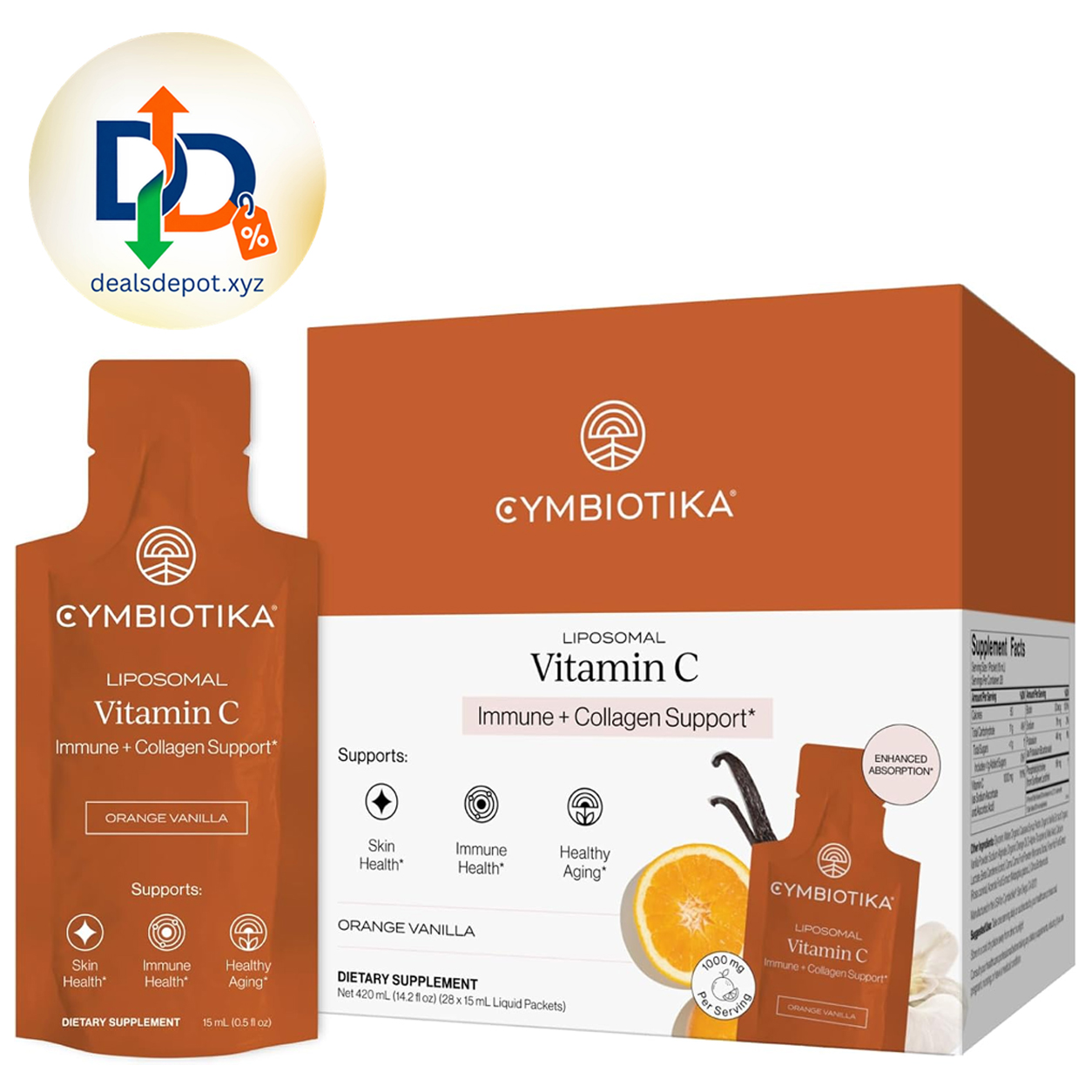 CYMBIOTIKA Liposomal Vitamin C 1000mg with Biotin for Skin Bioavailable vitamin C & biotin for immunity, collagen & healthy aging. Enhanced absorption. Orange Vanilla, 28 pouches.