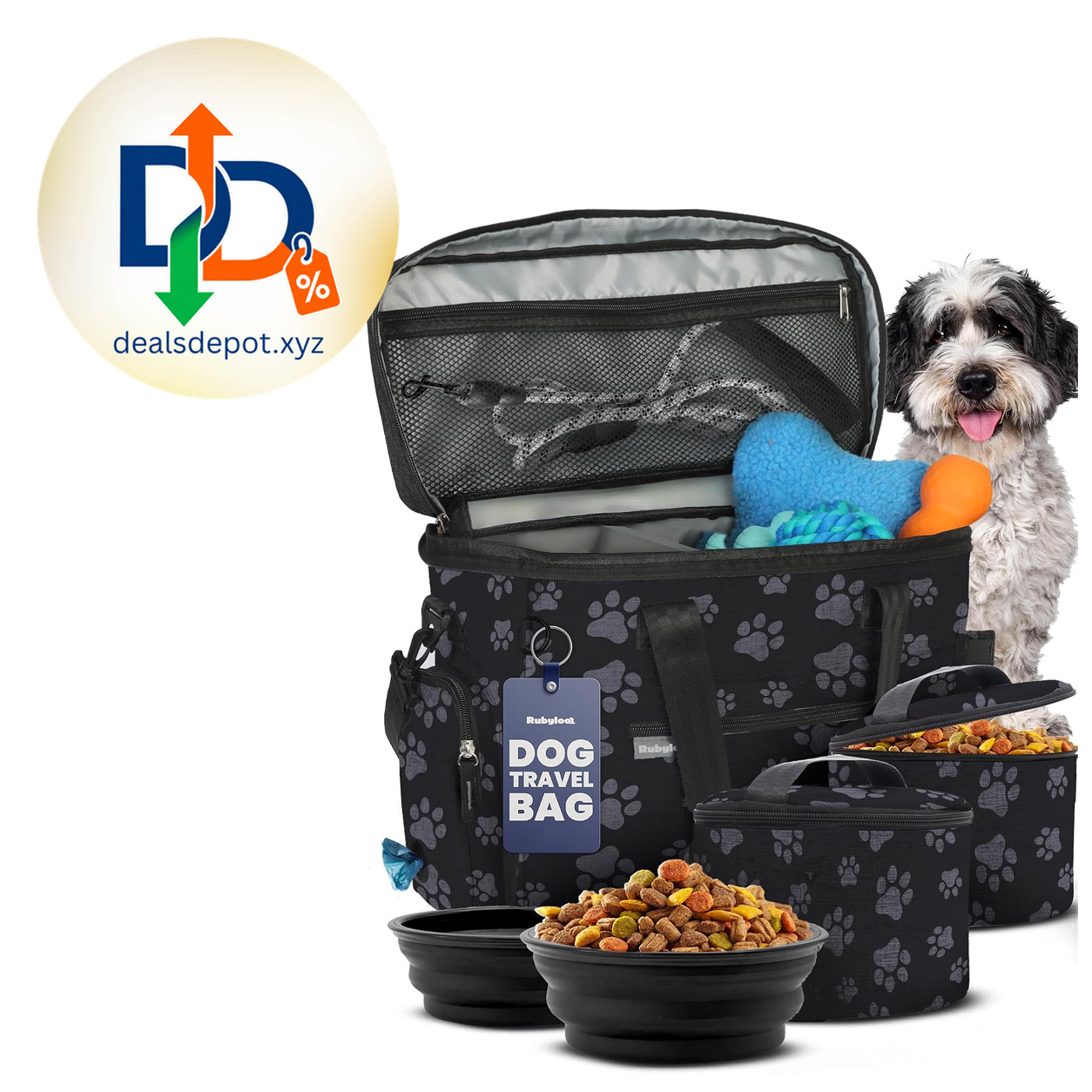 Original Doggy Bag™ Dog Travel Bag for Supplies with Travel Bowls 2 BPA-Free Collapsible Bowls, 2 Pet Food Containers, TSA-Ready, Road Trips, Camping, Weekend Getaways, Doggy Gift, Paw Print