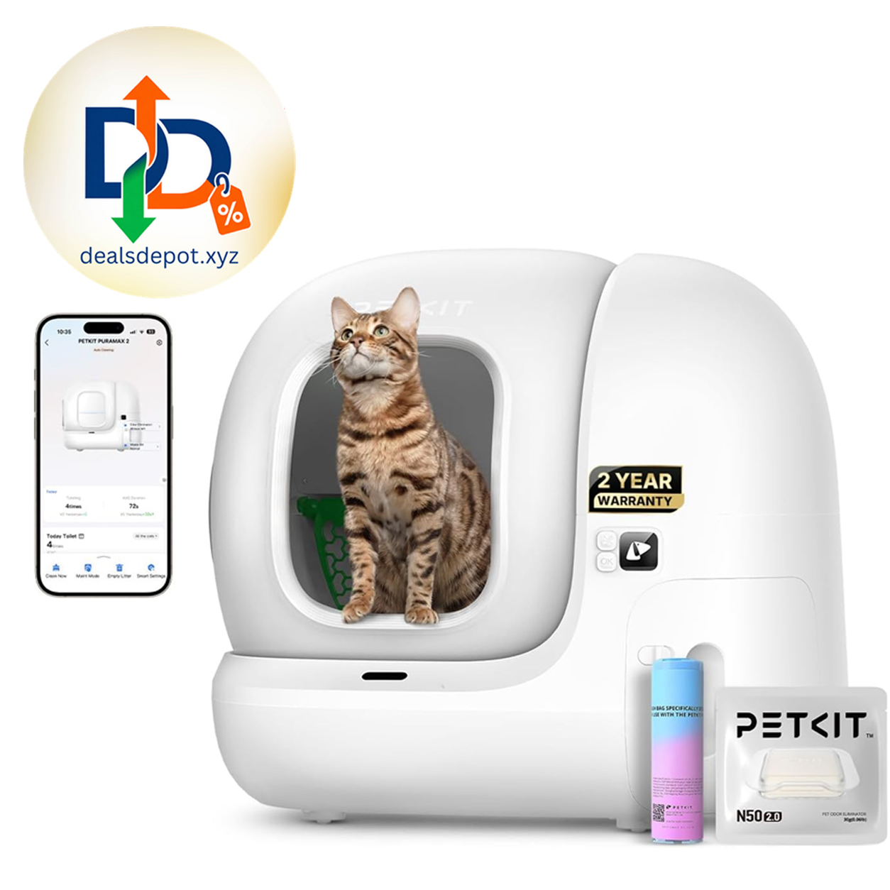 PETKIT PuraMax 2 Odor Free Automatic Cat Litter Box,with 2-Year Coverage Anti-Leakage,Low Entrance&for Multi‑Cat Homes,App Control,Always-Open & Anti-Pinch Design,Safety Sensors,with Trash Bags&N50