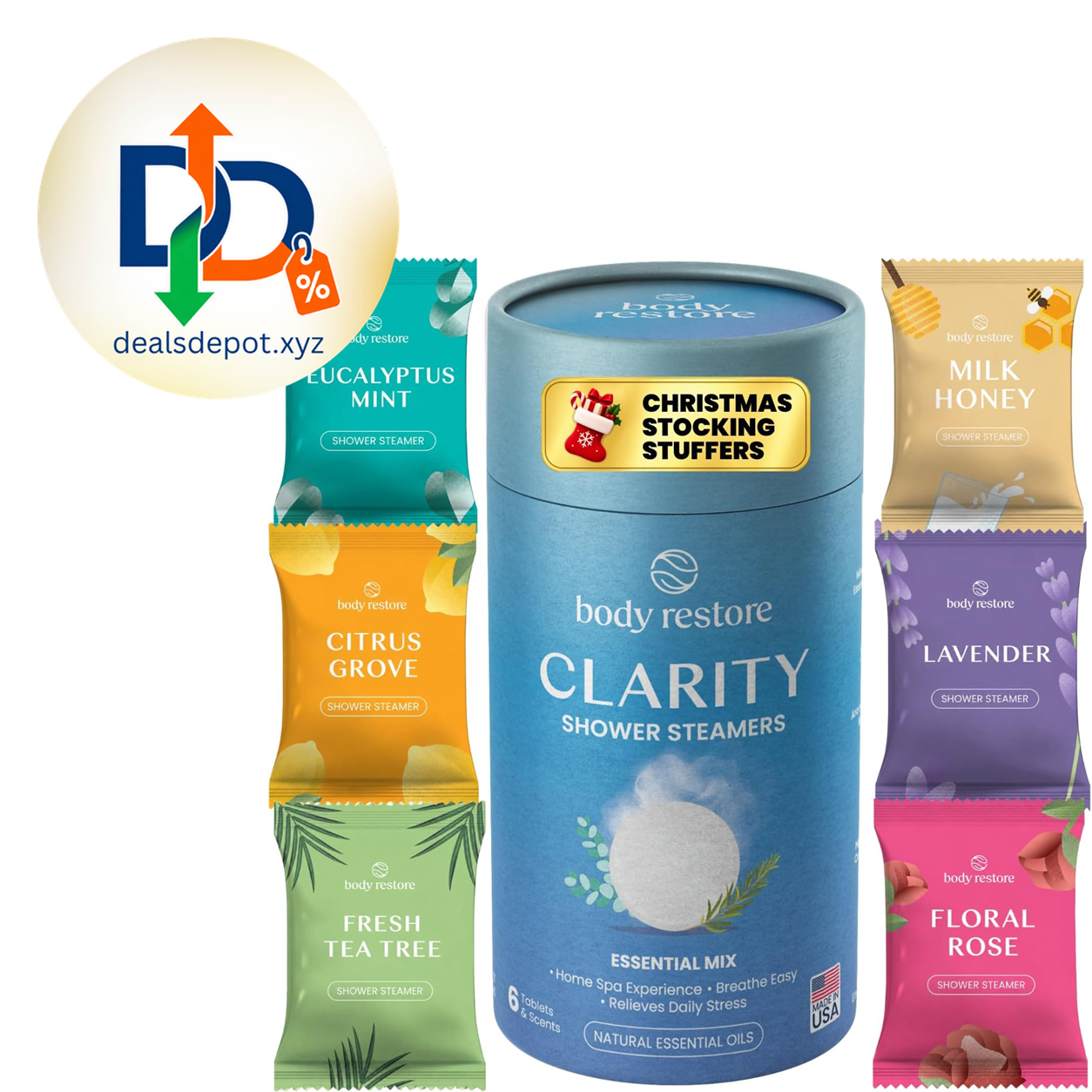 Body Restore Shower Steamers Aromatherapy, Gifts for Men, Clarity 6 Pack Stocking Stuffers & Birthday Gifts for Women & Men, Spa Stress Relief & Relaxation, 6 Scent Variety Essential Oil Tablets