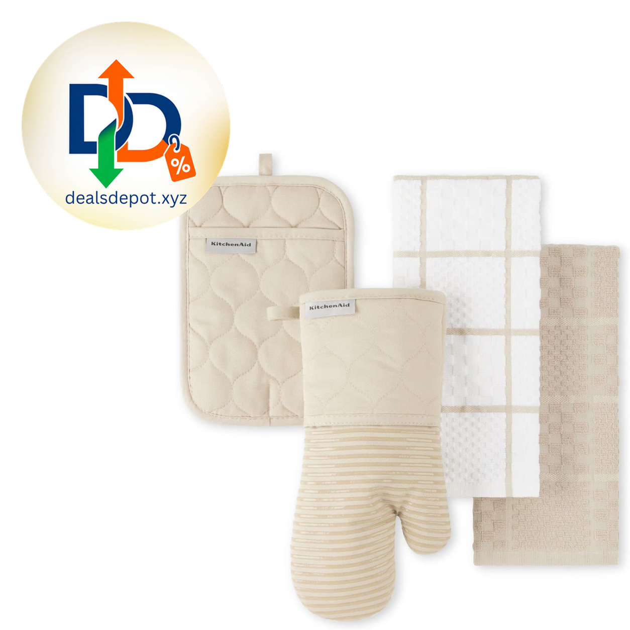 KITCHENAID Quilted Cotton Terry Cloth Oven Mitt, Pot Holder, Kitchen Towel 4-Pack Set, Heat Resistant, Silicone Grip, 16"x26", 7"x13" & 7"x10", Milkshake Tan