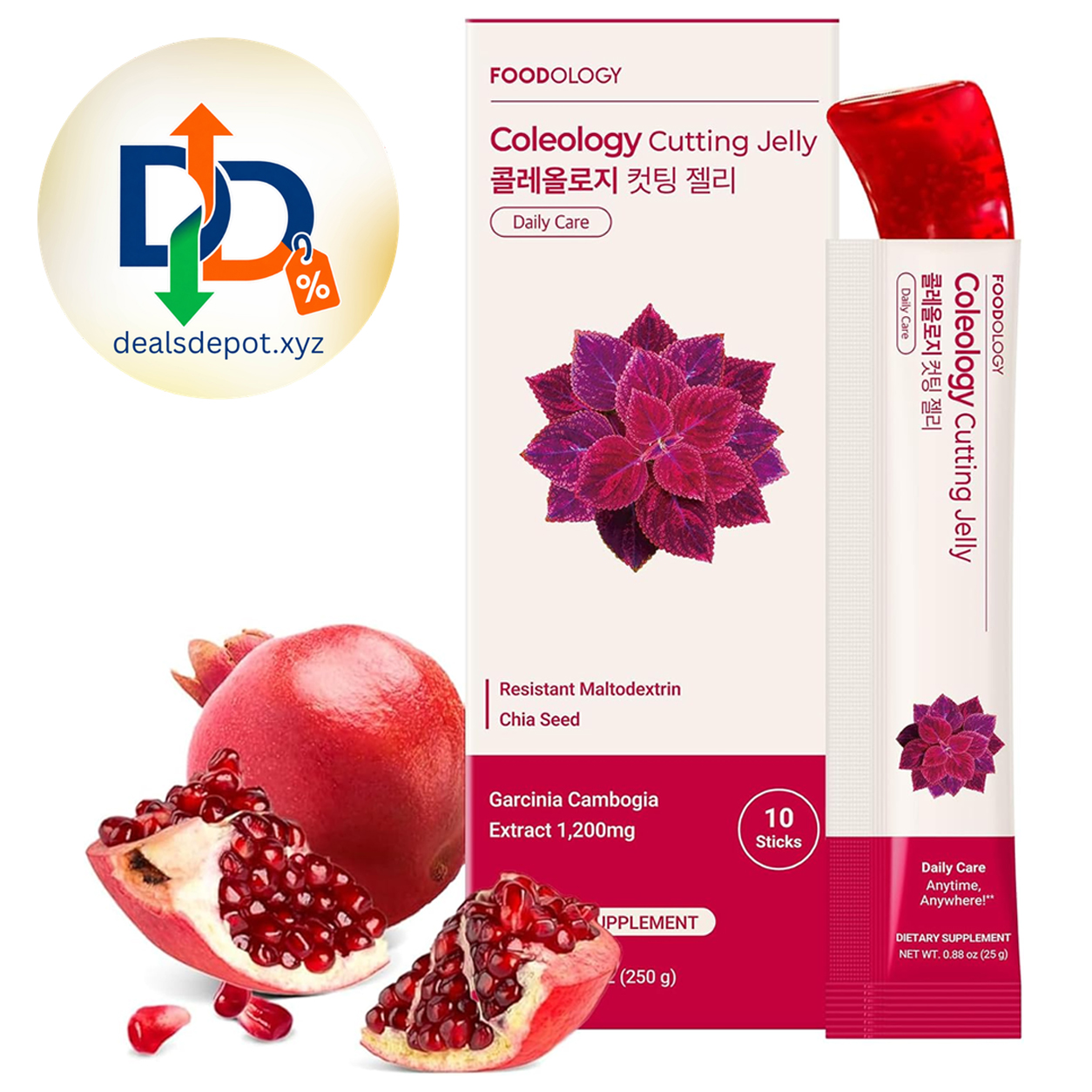 FOODOLOGY Coleology Cutting Jelly, Pomegranate Flavor, 10 Sticks Dietary Fiber Supplement for Weight Loss Management, Non-GMO Appetite Suppressant with Chia Seeds & Garcinia Cambogia