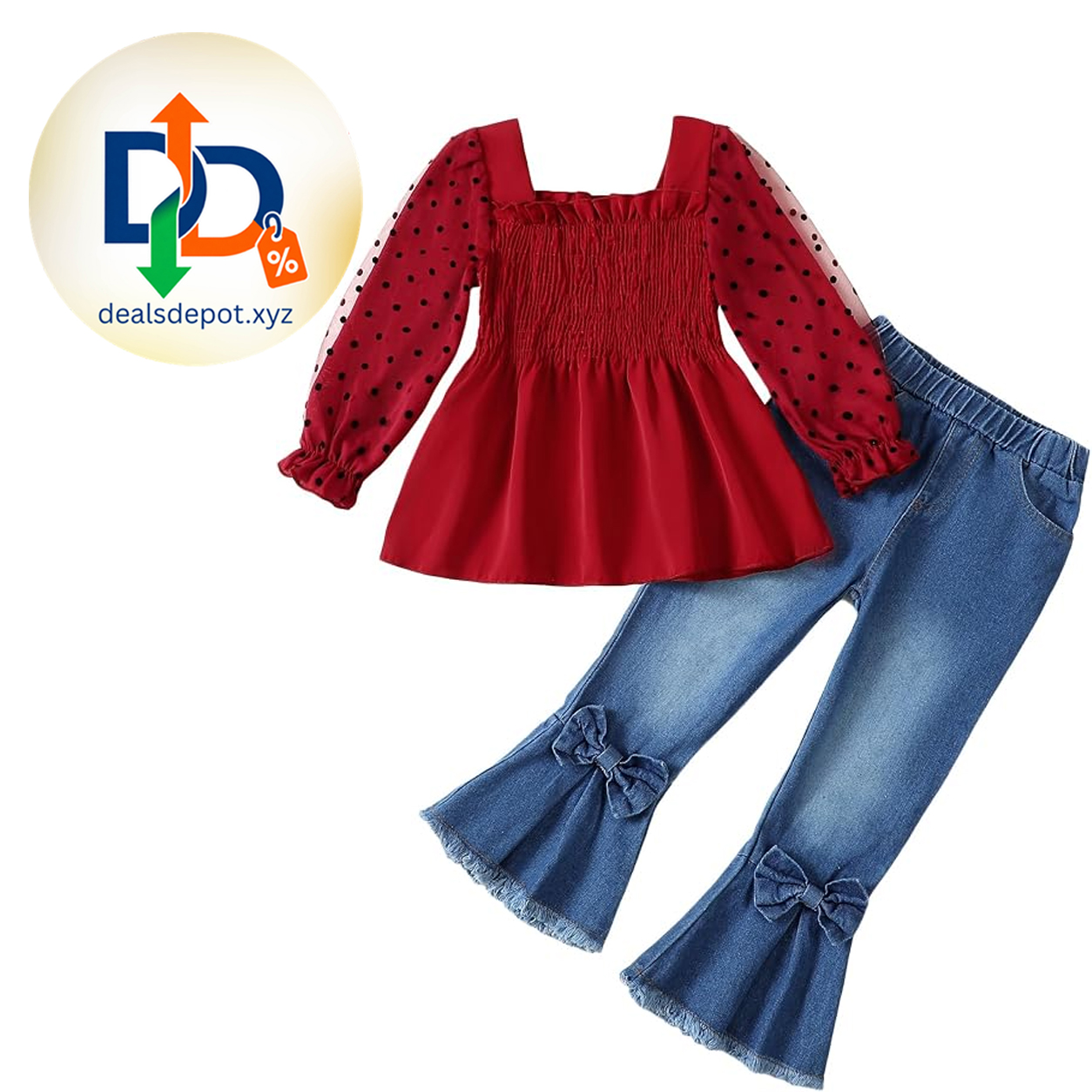 Kucnuzki Little Girls Clothes Kids Fall Winter Outfits 2Pcs 3-8Y Pants Sets Cute Long Sleeve Shirt Tops Flare Denim Jeans Clothing Sets, Family Photos, School, Christmas, Thanksgiving, Cotton Blend
