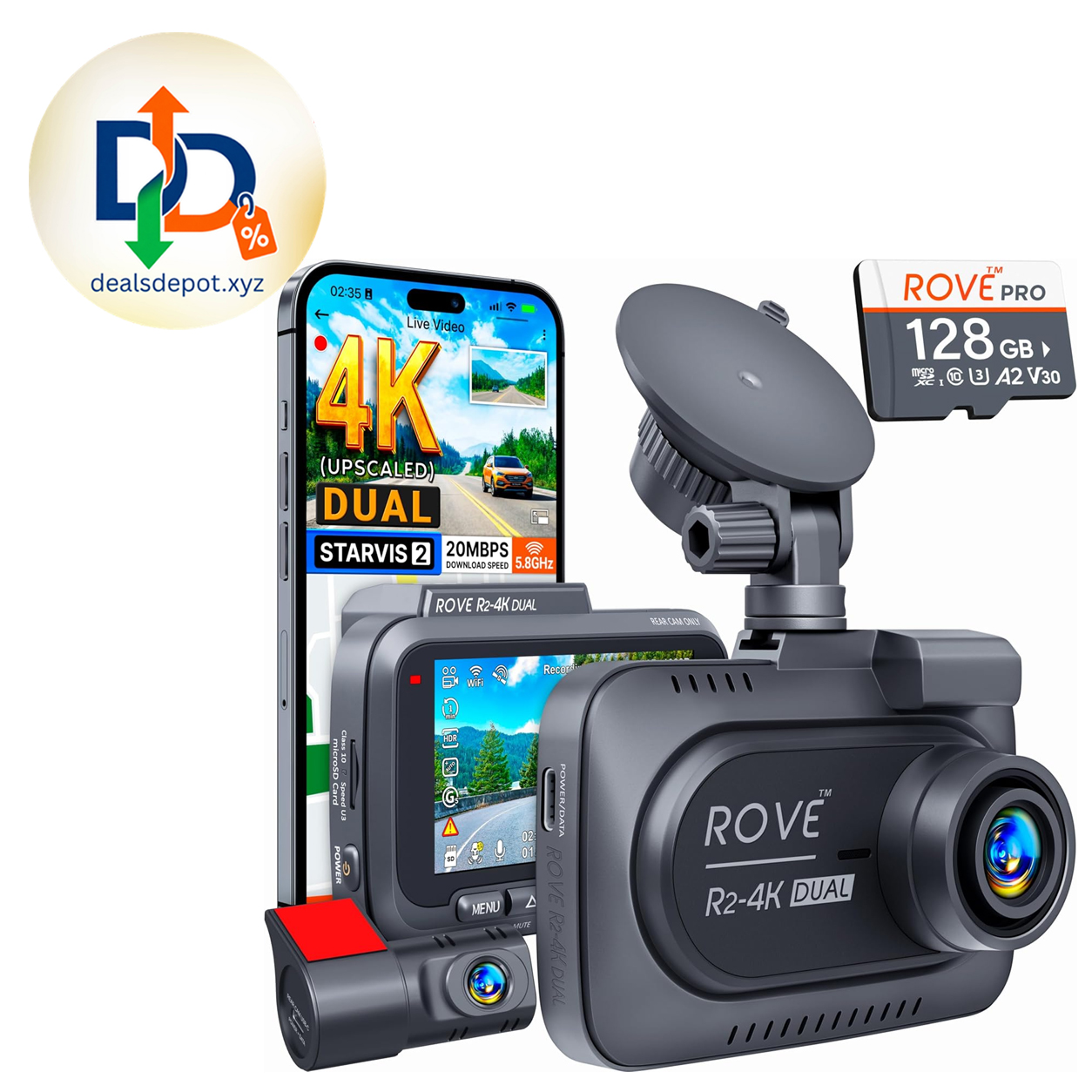 ROVE R2-4K Dual Dash Cam Front and Rear, STARVIS 2 Sensor, Free 128GB Card 4K Upscaled Front + FHD Rear Recording, 5.8GHz WiFi, 20MB/s Download Speed, App, GPS, 3" IPS, 24Hr Parking Mode, Night Vision
