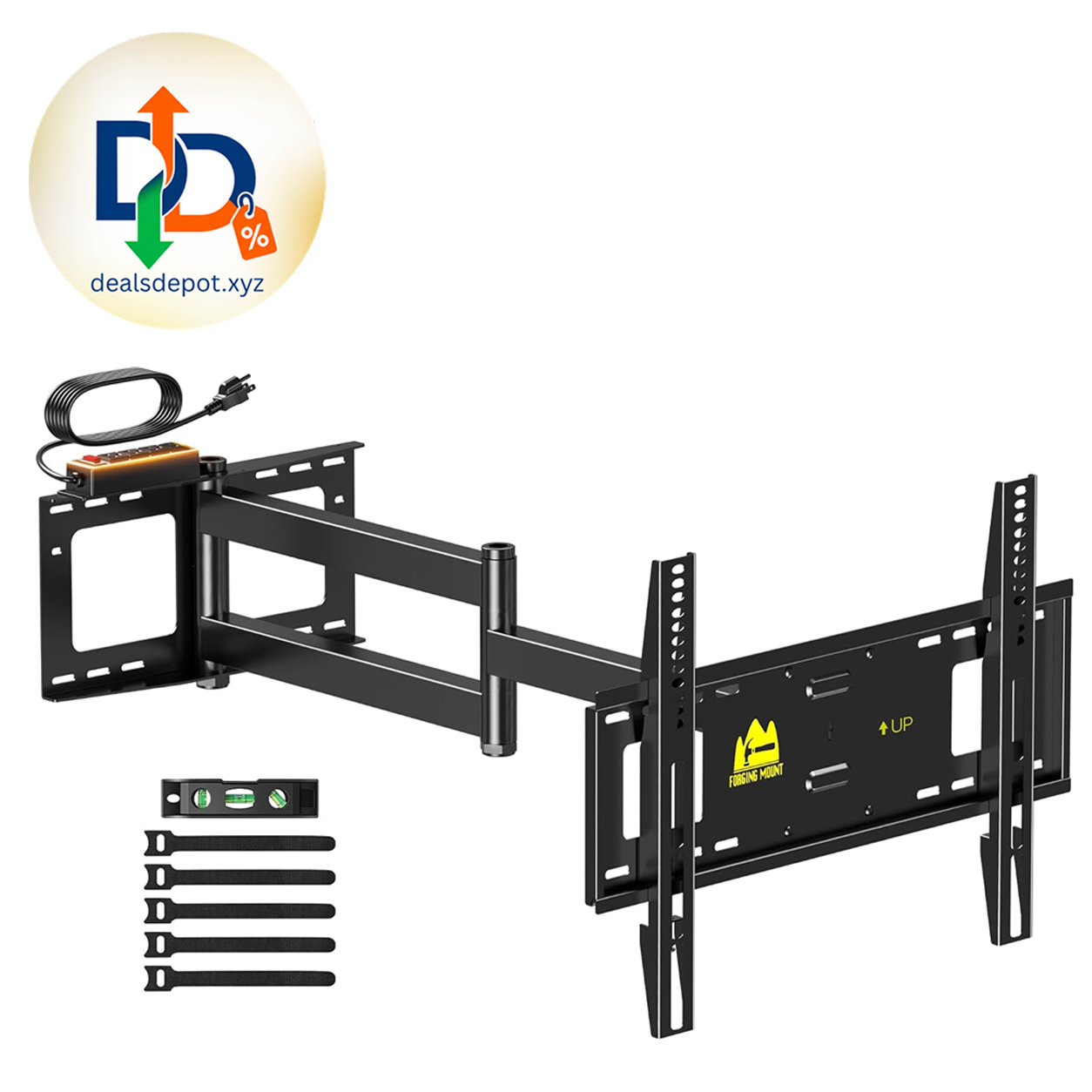 FORGING MOUNT Long Arm TV Wall Mount with Power Strip for 42–80 inch TVs Full Motion Articulating Arm TV Mount with 43" Extension, Swivel Tilt Level Adjustment, Supports 110 lbs, VESA 600x400mm