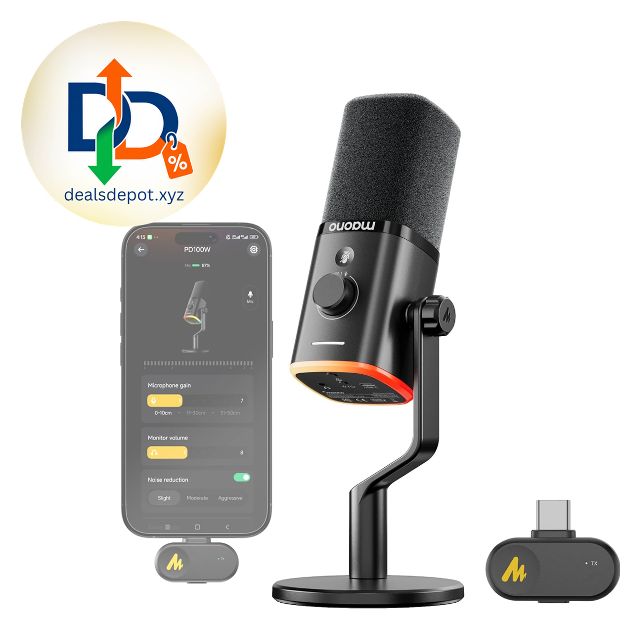 MAONO PD100W Wireless Dynamic Gaming Microphone for PC with USB-C Receiver One-Click Noise Reduction,Custom RGB,Mute,Monitoring, Companion App,Wireless Desktop Mic for Creator, Stream, Podcast, Black