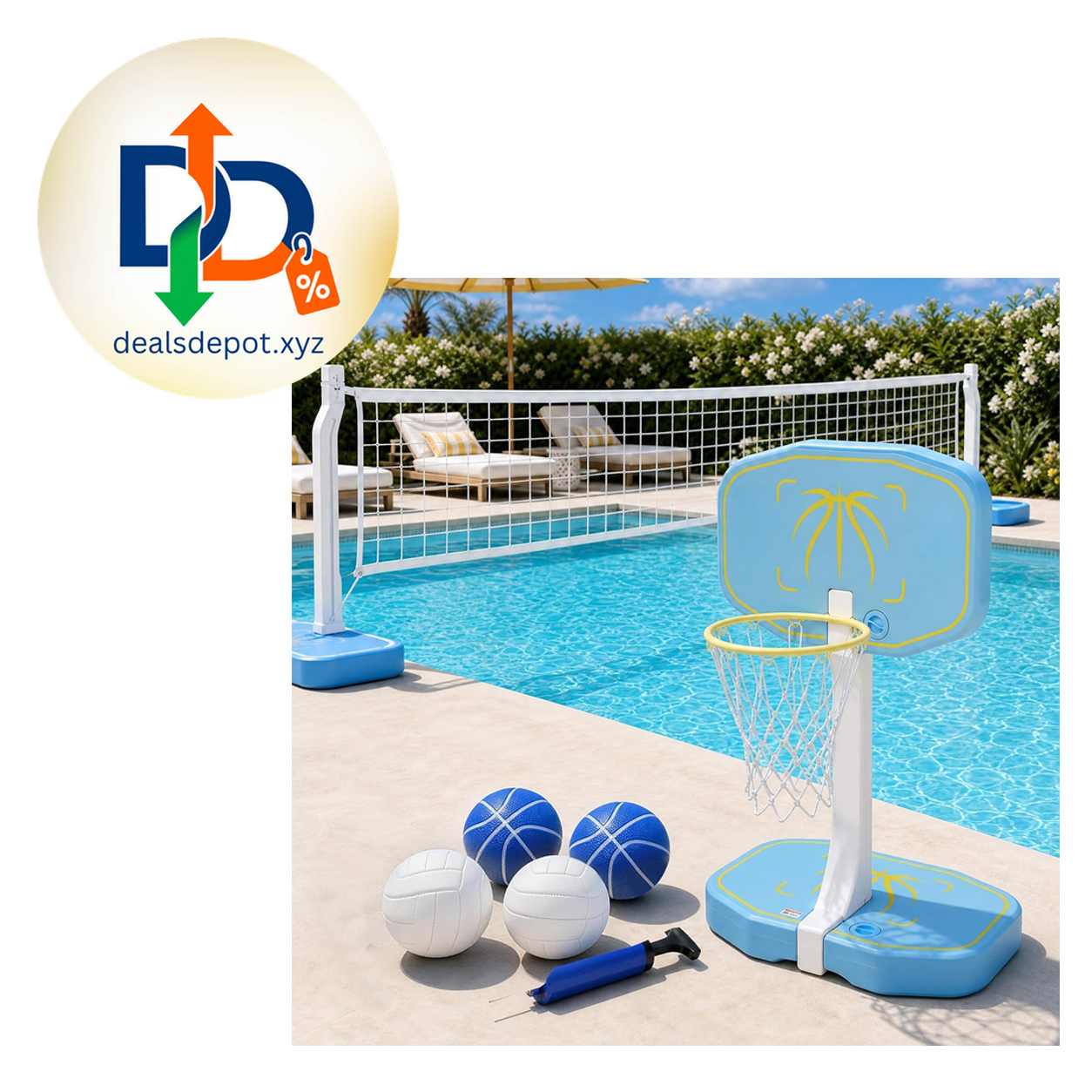 2-in-1 Pool Volleyball Net&Pool Basketball Hoop 51" Pool Poolside Basketball Hoop,Inground 20FT Pool Volleyball Net Combo for Summer Party Games,Includes 4 Balls