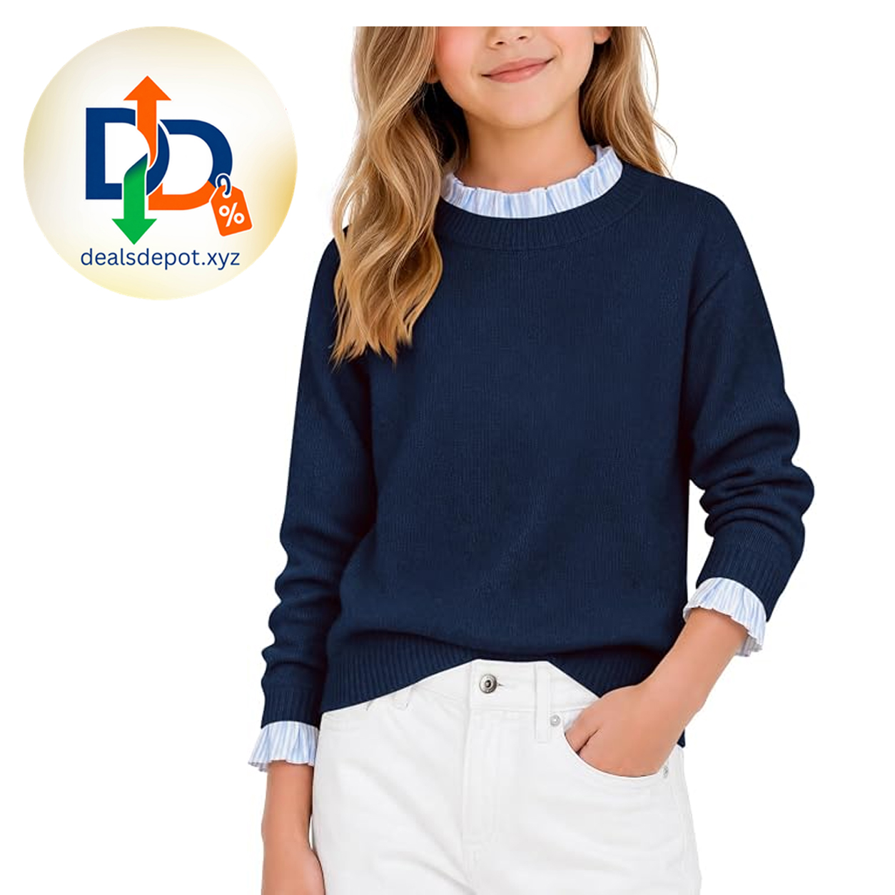 Haloumoning Girls Cute Ruffle Trim Sweaters Kids Long Sleeve Pullover Tops Girls Fake Two Piece Knit Sweater, Kids Contrasting Color Crewneck Jump Top, Fall Fashion Clothes 5-14 Years