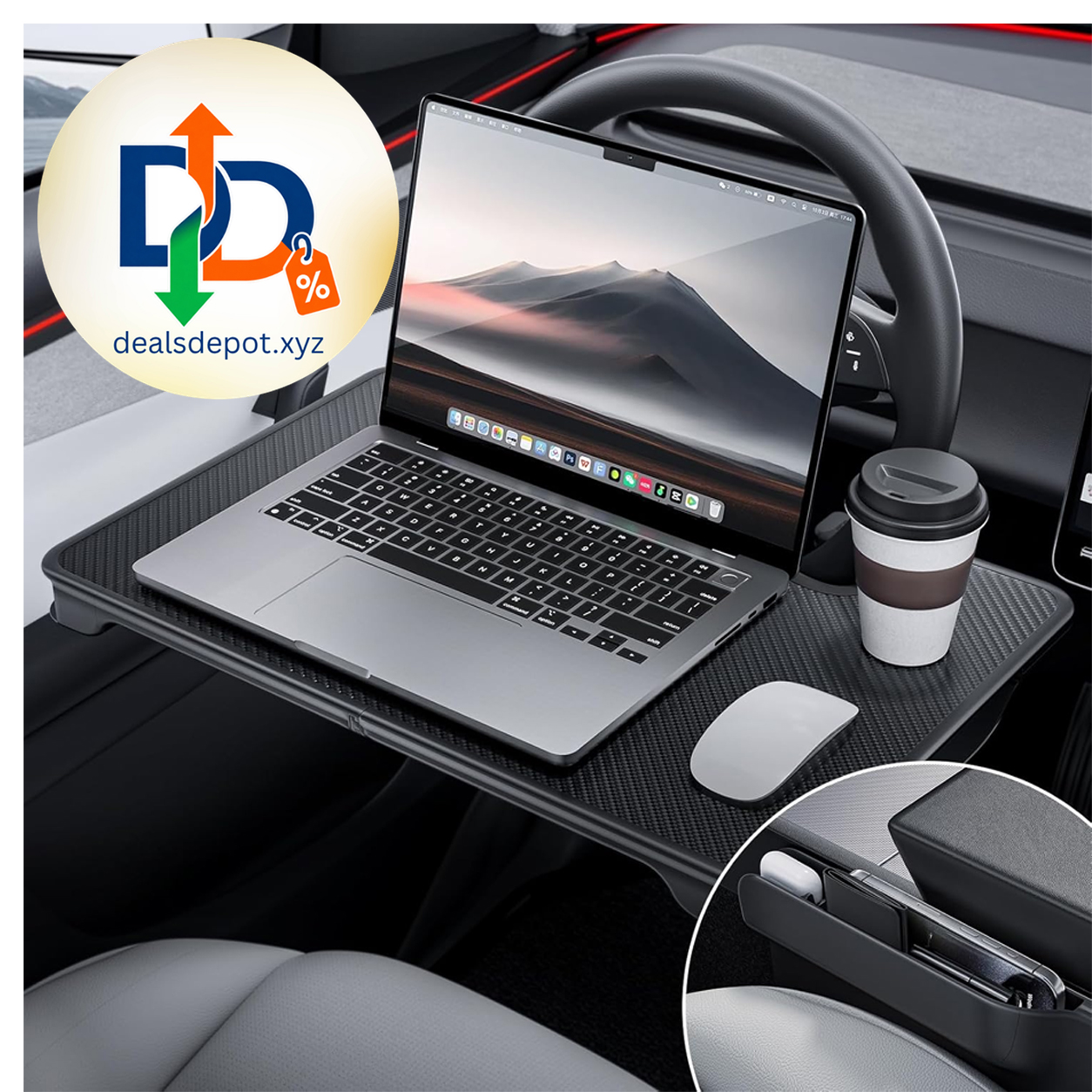 2-in-1 Car Steering Wheel Desk Tray & Car Seat Gap Filler Organizer – Foldable Carbon Fiber Look Table for Laptop, Eating Food, Writing – for Standard Round Steering Wheels