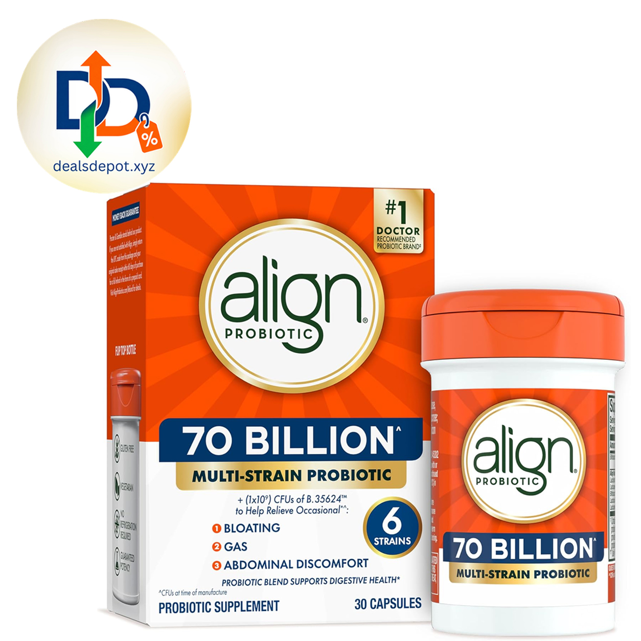Align Probiotic, 70 Billion CFU, 6 Strain Blend, Probiotics for Women and Men, Daily Probiotics for Digestive Health, Helps Relieve Occasional Bloating & Gas 30 Capsules