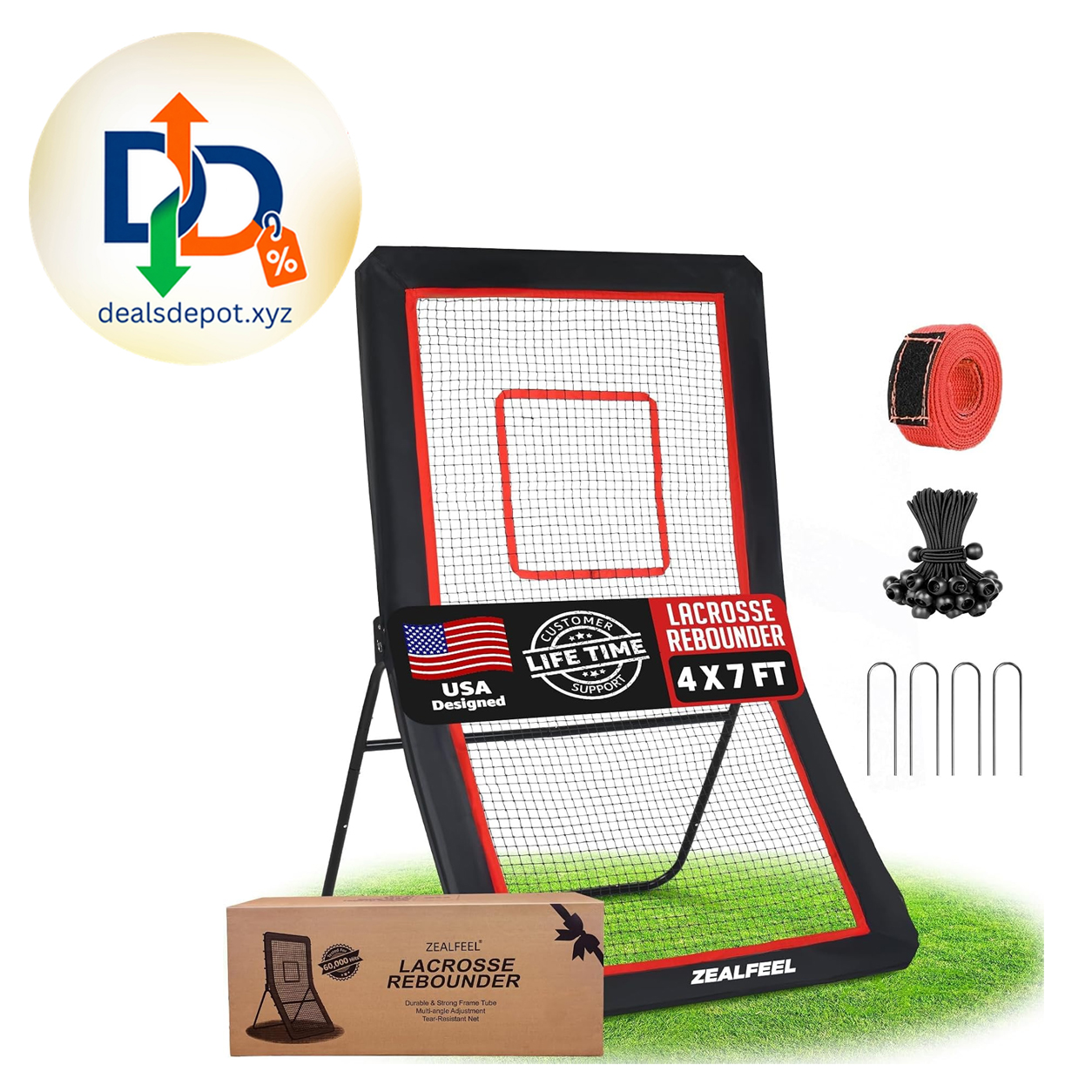 Lacrosse Rebounder with 5 Adjustable Angles, 4x6FT/4x7FT Lacrosse Rebound Net with Target Strip & Anti-rust Steel Frame, Perfect for Lax Baseball Volleyball & Soccer Training