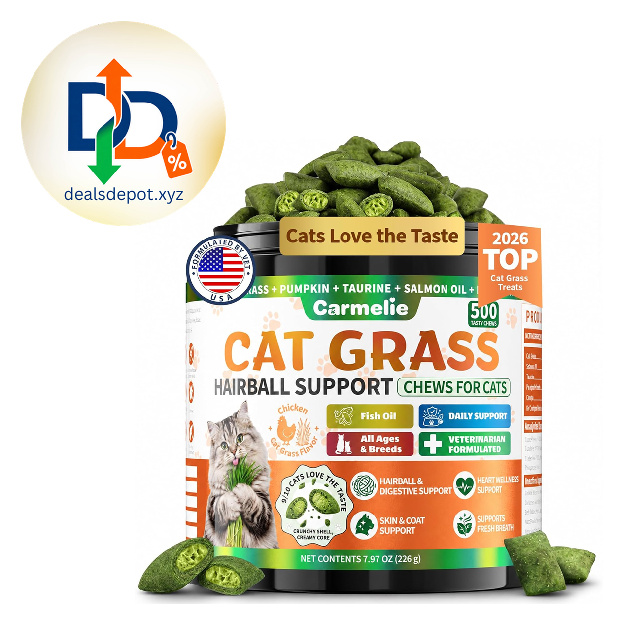 Carmelie Cat Grass Treats Chews, Hairball Treatment for Cats, 500 Count Pumpkin Hairball Control, Fish Oil Skin & Coat, Taurine & B Vitamins for Heart/Vision, Digestion & Oral Care, Chicken Flavor