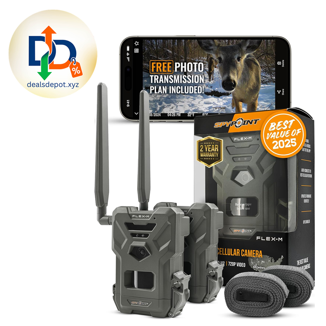 SPYPOINT Flex-M Twin, Cellular Trail Camera, Night Vision, Free Photo Plan Auto Multi Cell-Network, LTE, GPS, Waterproof, 0.5 Second Trigger, 28MP Photo, 720p Video+ Sound, 90Ft Motion Dection & Flash