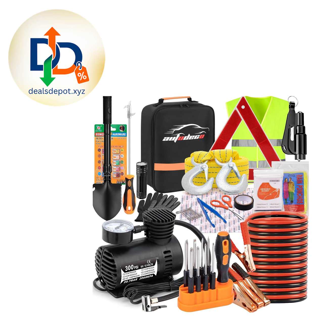 Car Emergency Roadside Assistance Kit with Jumper Cables Tire Inflator Automotive Kit for Car Vehicle