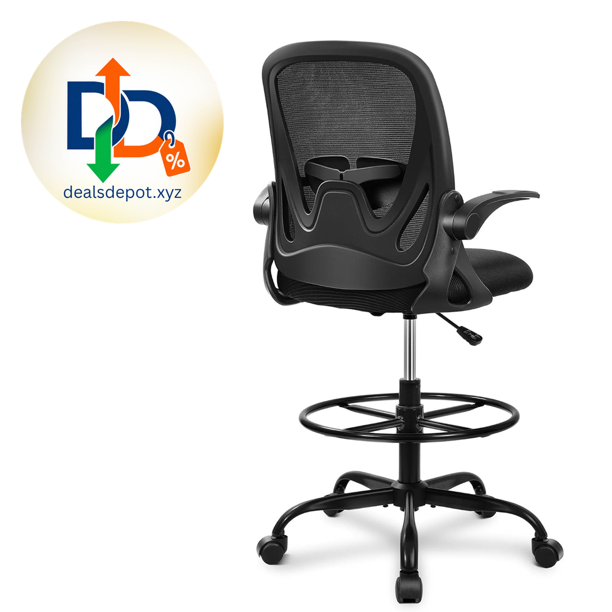 Drafting Chair Tall Office Chair with Flip-up Armrests Executive Ergonomic Computer Standing Desk Chair with Lumbar Support and Adjustable Footrest Ring (Black)