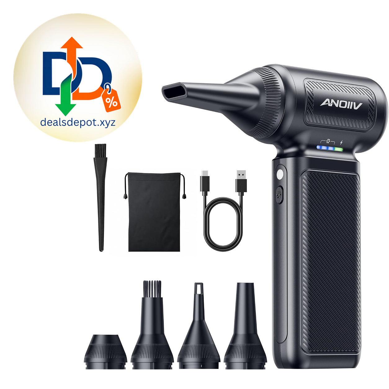 Compressed Air Duster, 130,000RPM, 3-Gear Adjustable, 5Nozzles Electric Air Blower with Brushless Motor, Mini Dust Blower for Computer, Keyboard, House, Car, Outdoor, Black