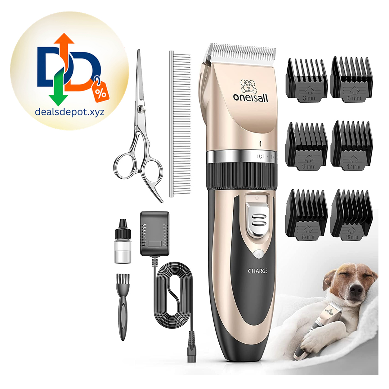 Oneisall Low Noise Dog Clippers Grooming Kit for Dogs Cats Pets Rechargeable Cordless, Long Battery Life, Simple for Beginners, 6 Guide Combs, Removable & Rinsable Blade