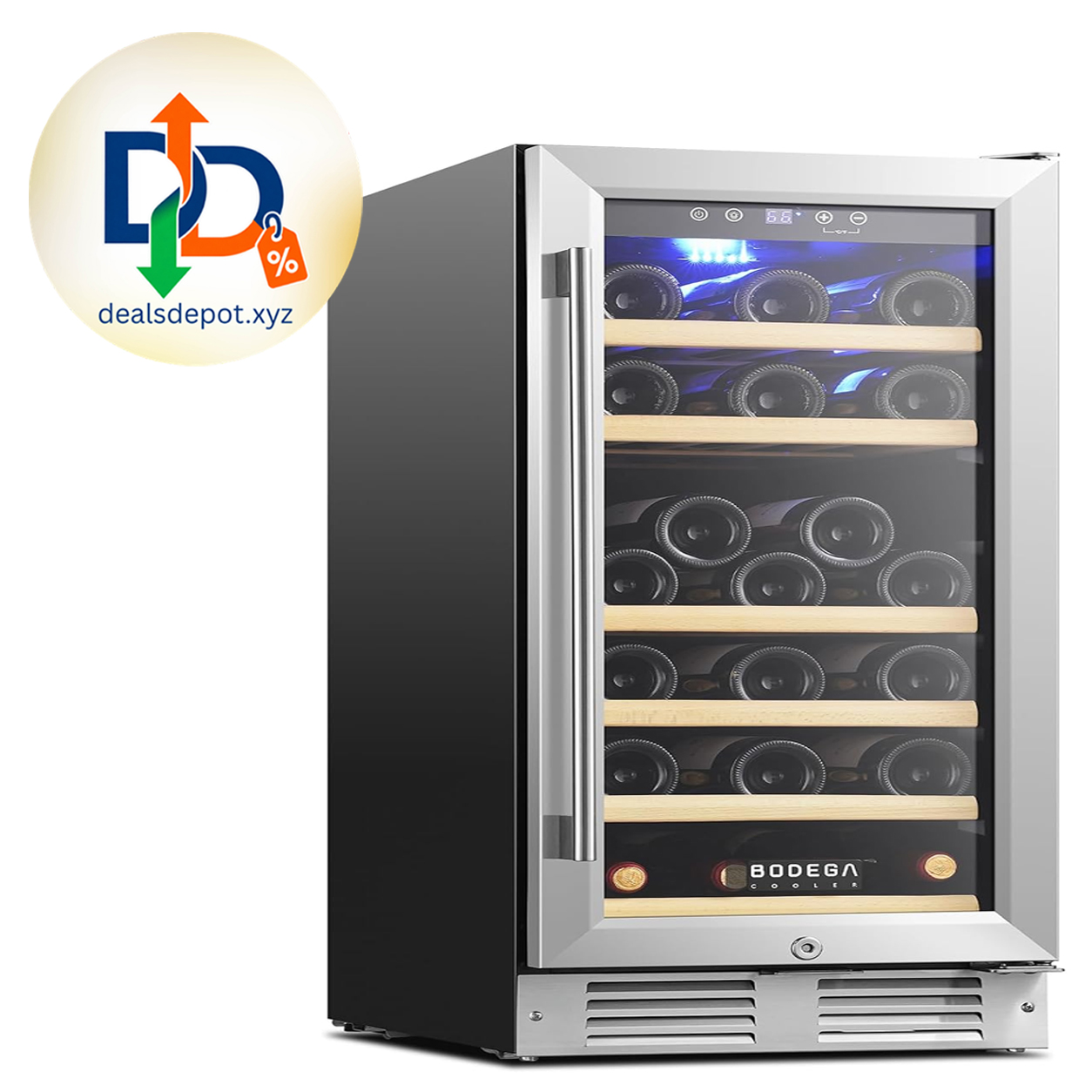 BODEGACOOLER 15 Inch Single Zone Wine Fridge, 41℉ to 72℉, Holds 32 Bottles Noise Level Below 42 dB, 6-Tier Beech Wood Shelves, Built-in or Freestanding Installation, For Home Kitchen Office
